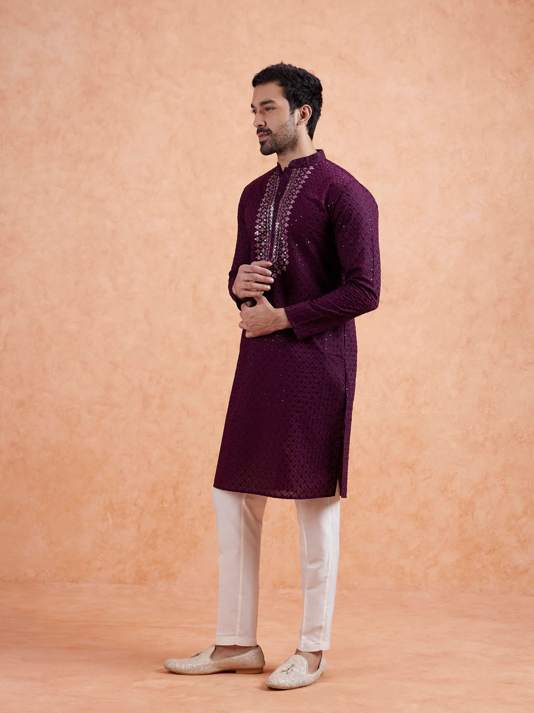 Wine Embroidered Silk Blend Kurta - Image 5