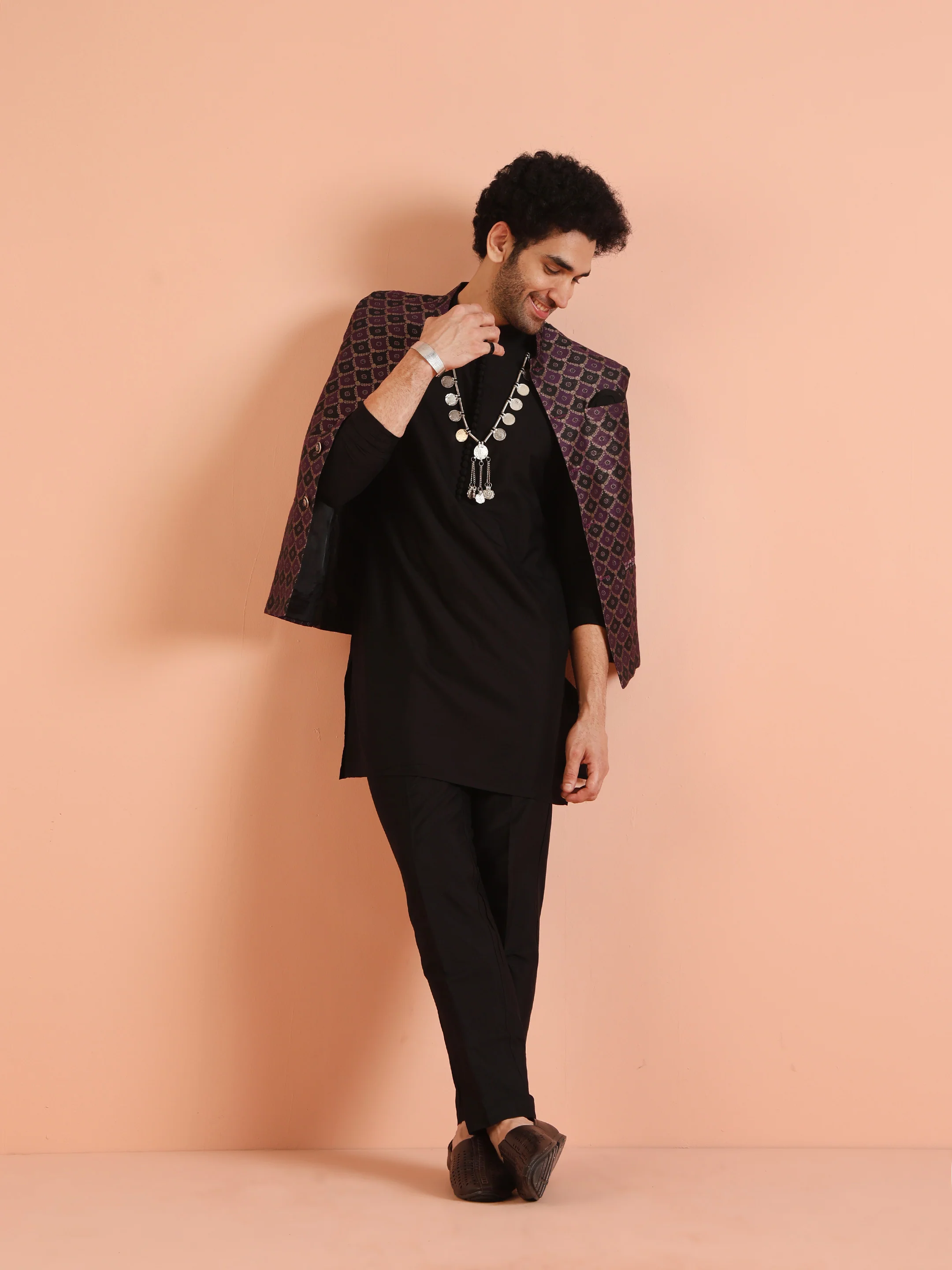 Purple Cotton Silk Textured Nehru Jacket - Image 2