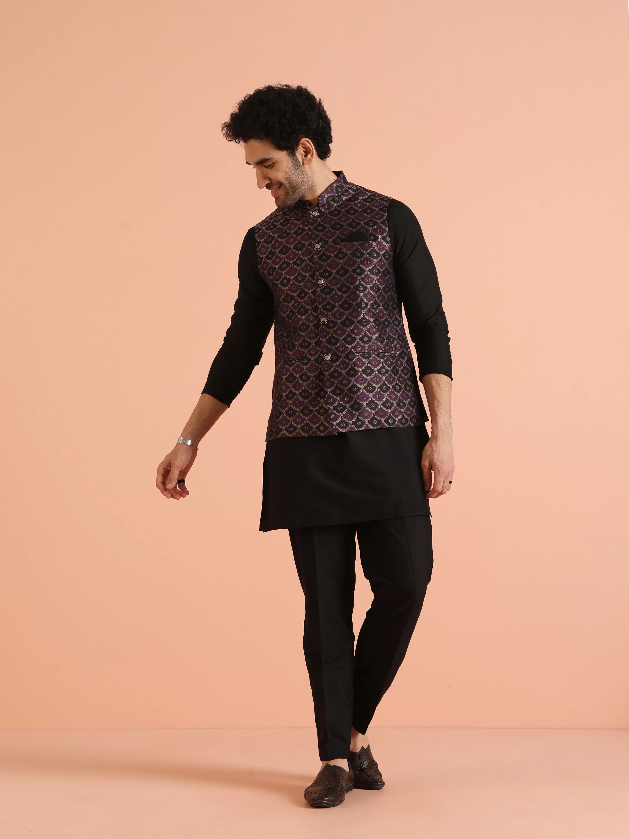 Purple Cotton Silk Textured Nehru Jacket - Image 3