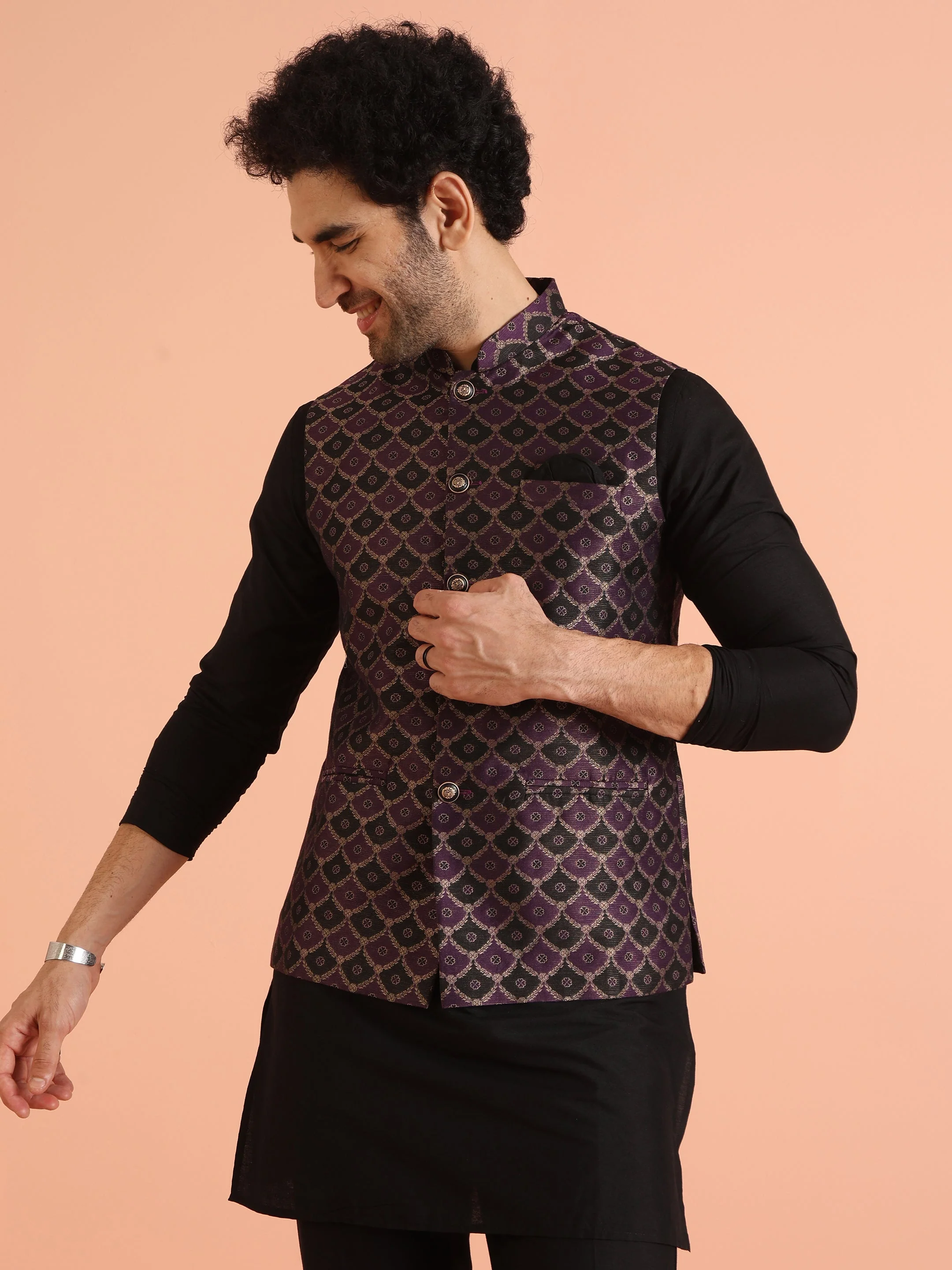 Purple Cotton Silk Textured Nehru Jacket - Image 8