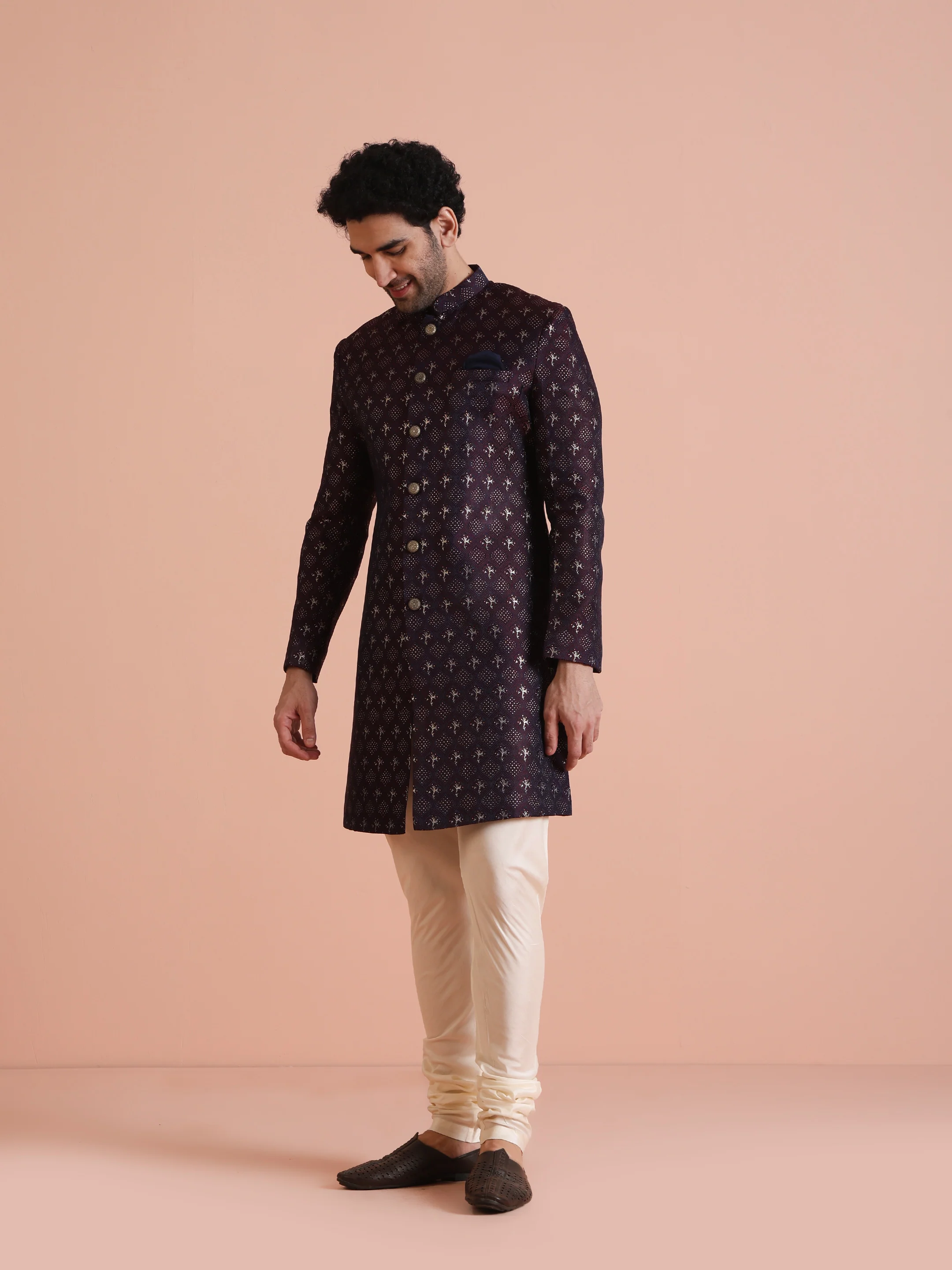 Men's Purple & Wine Indowestern Churidar Set - Image 3