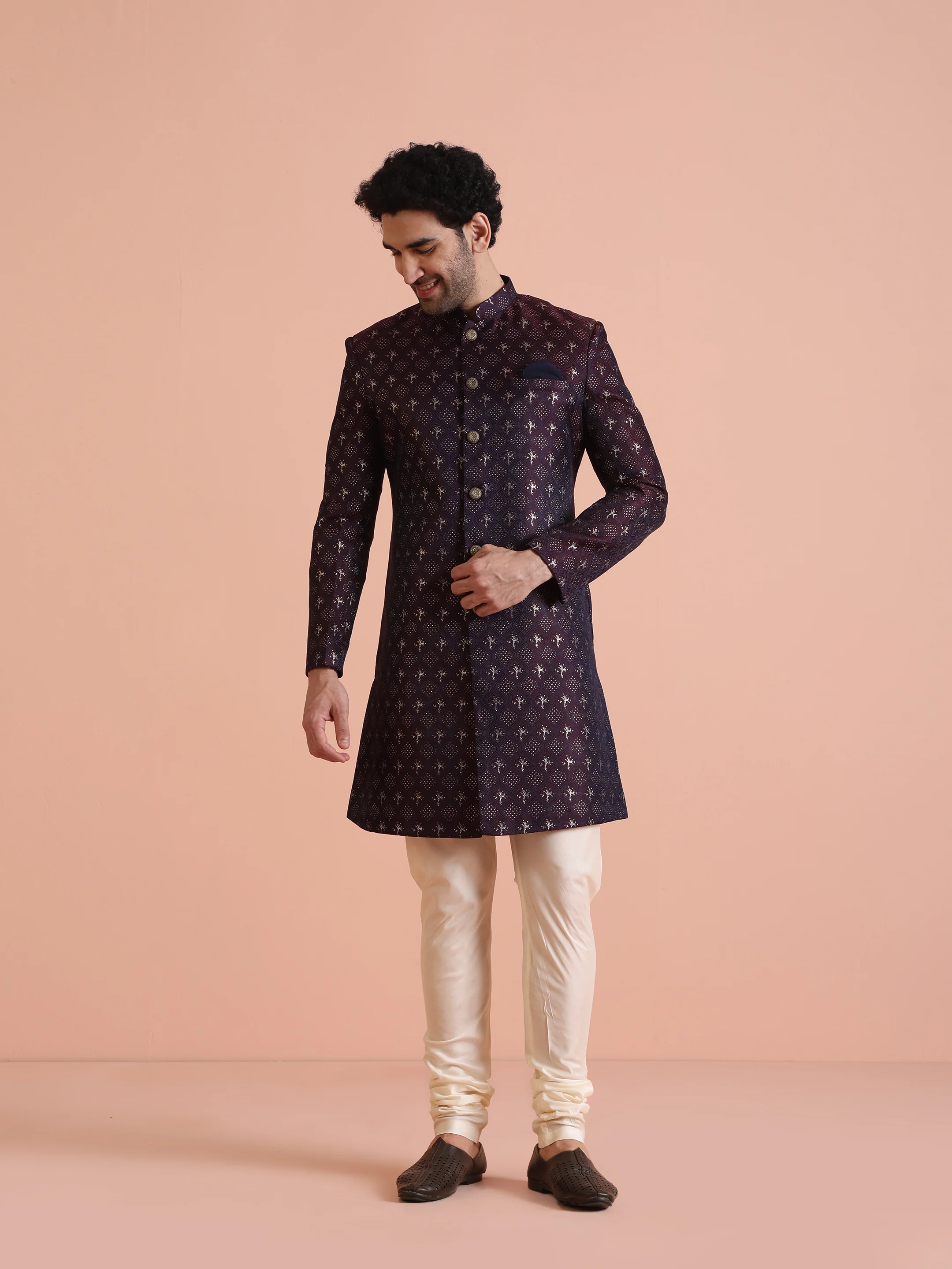 Men's Purple & Wine Indowestern Churidar Set - Image 7