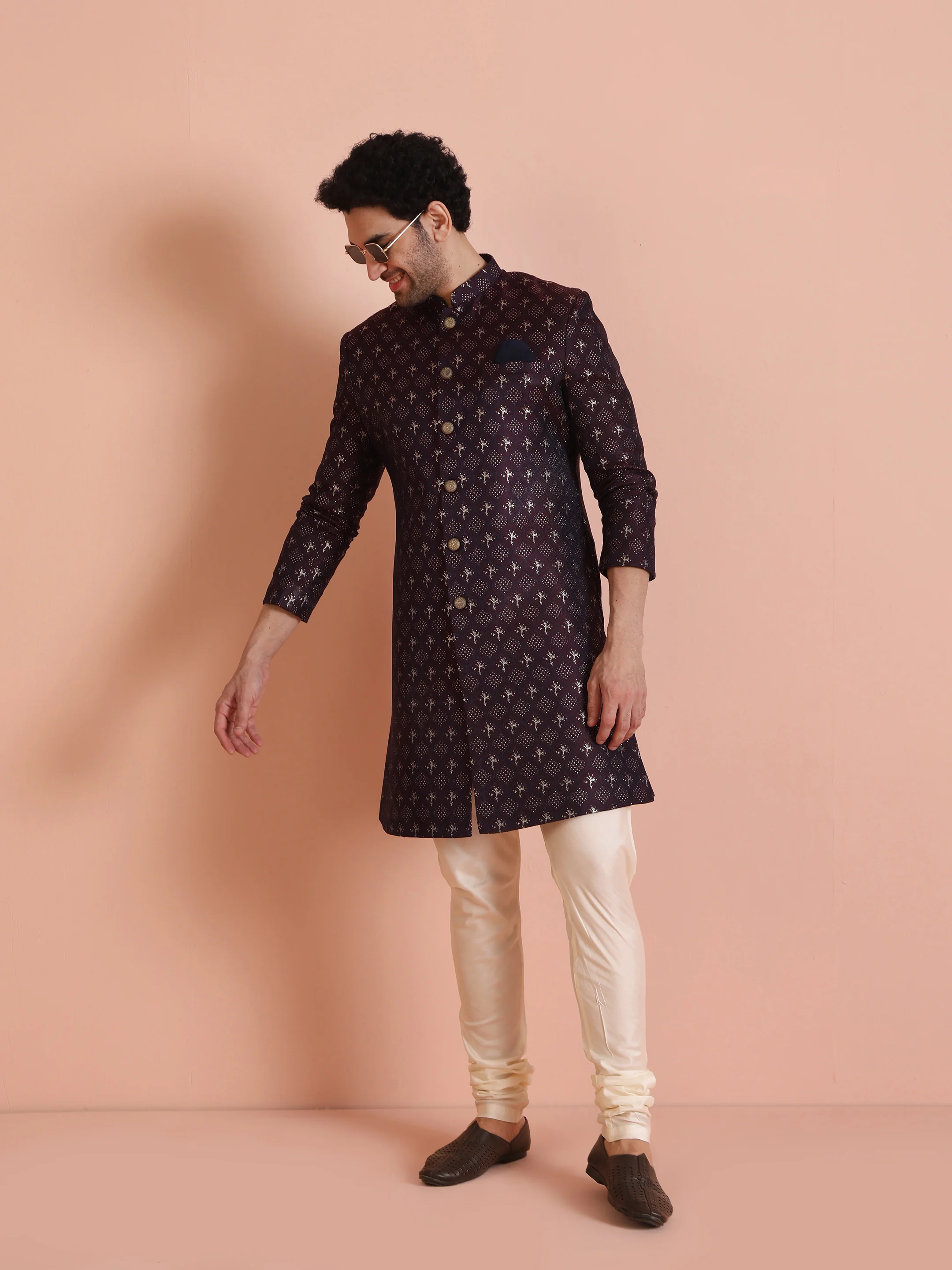 Men's Purple & Wine Indowestern Churidar Set - Image 8