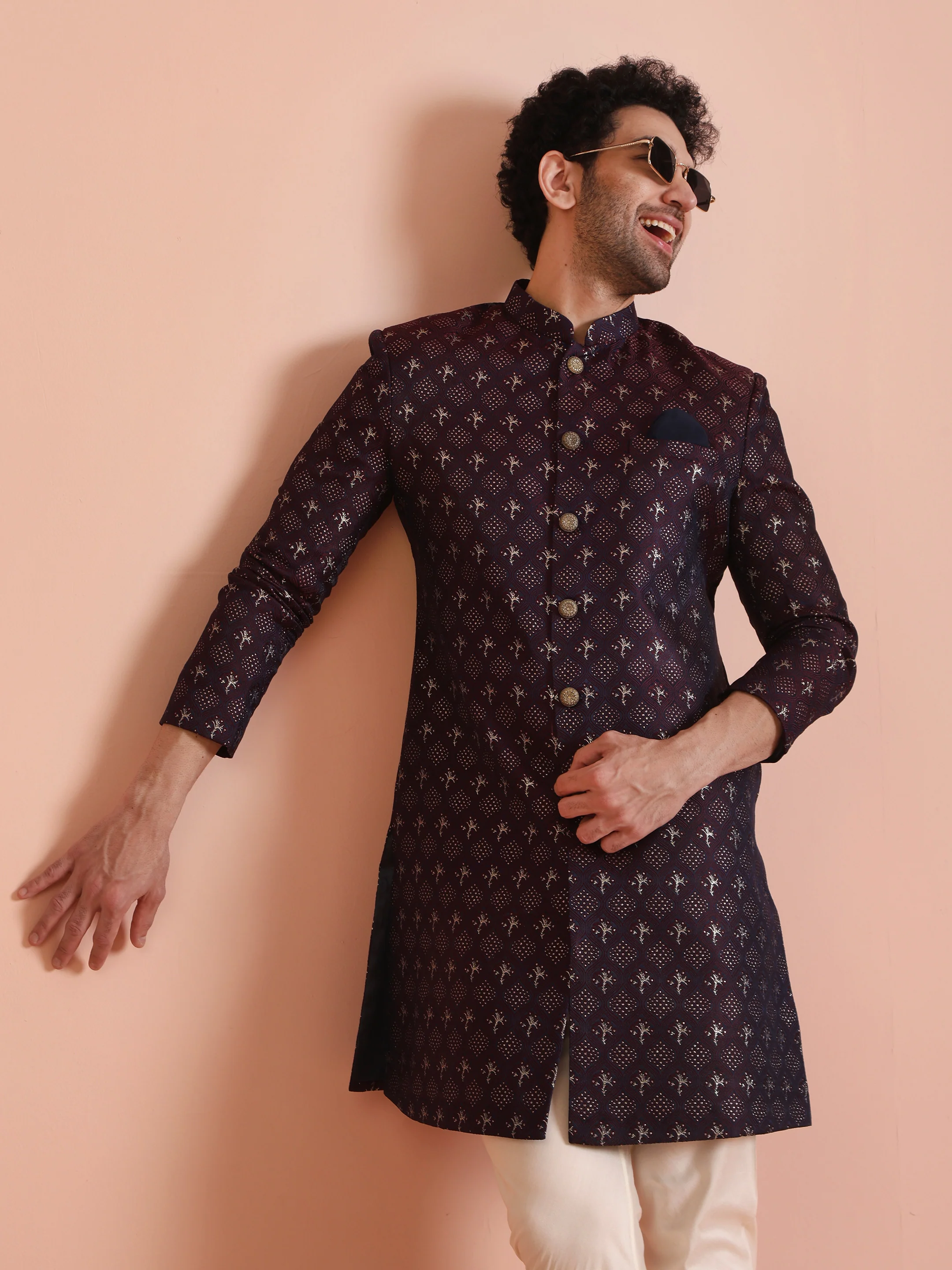 Men's Purple & Wine Indowestern Churidar Set - Image 9