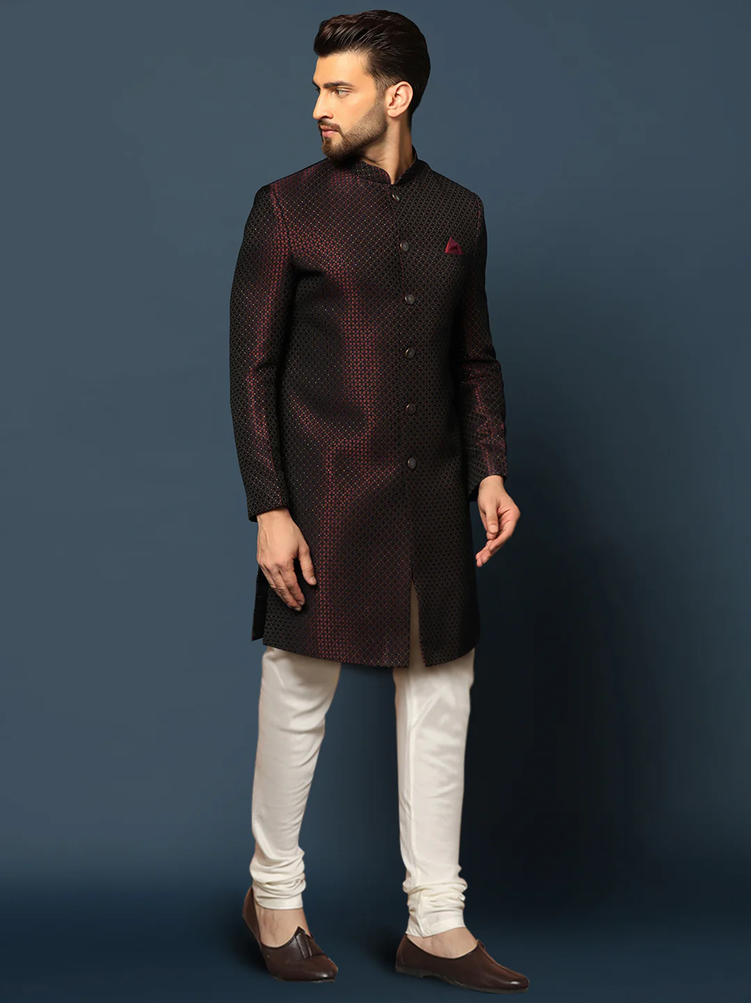 Maroon Black Textured Sherwani Churidar Set - Image 3