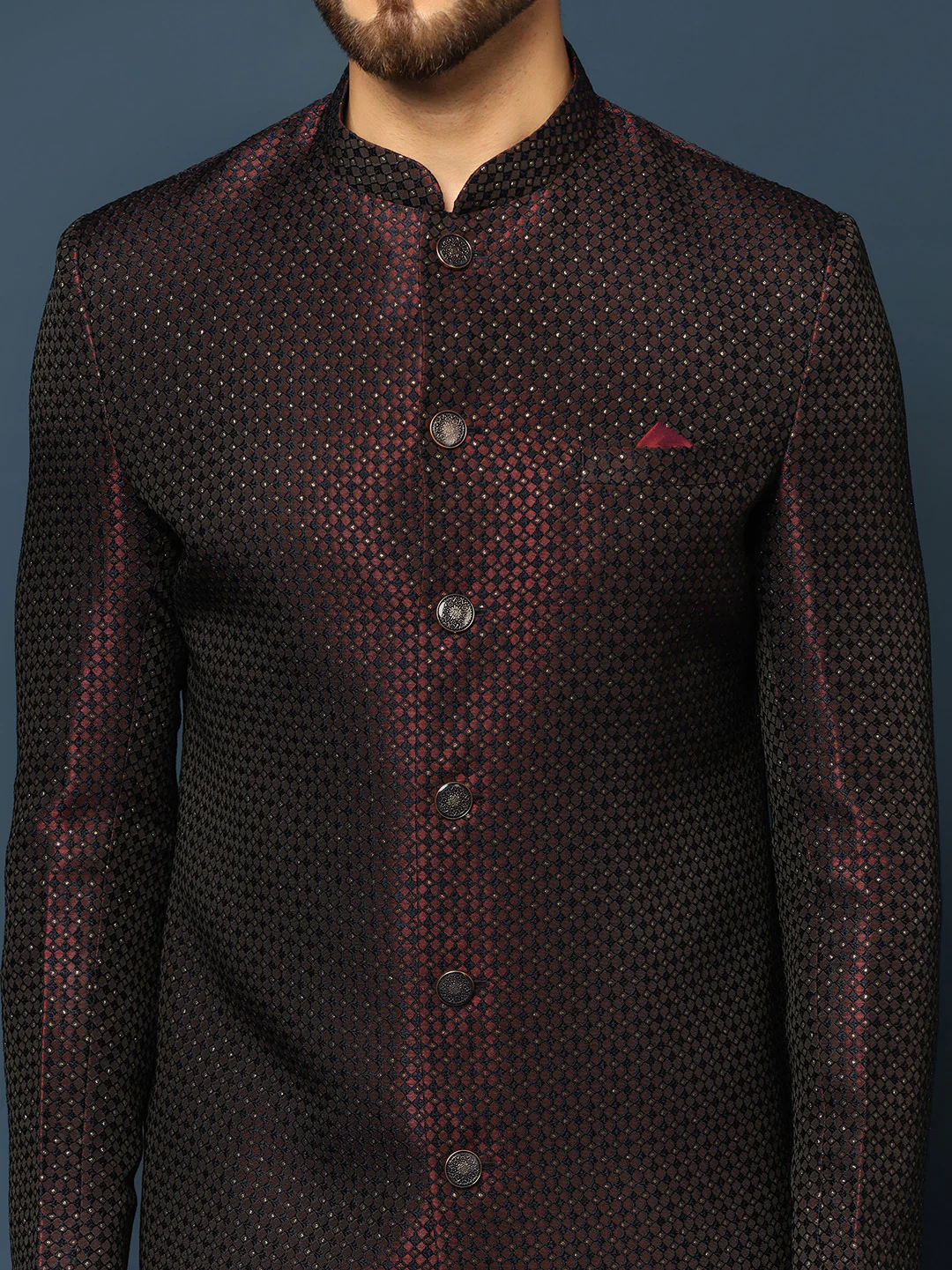 Maroon Black Textured Sherwani Churidar Set - Image 5