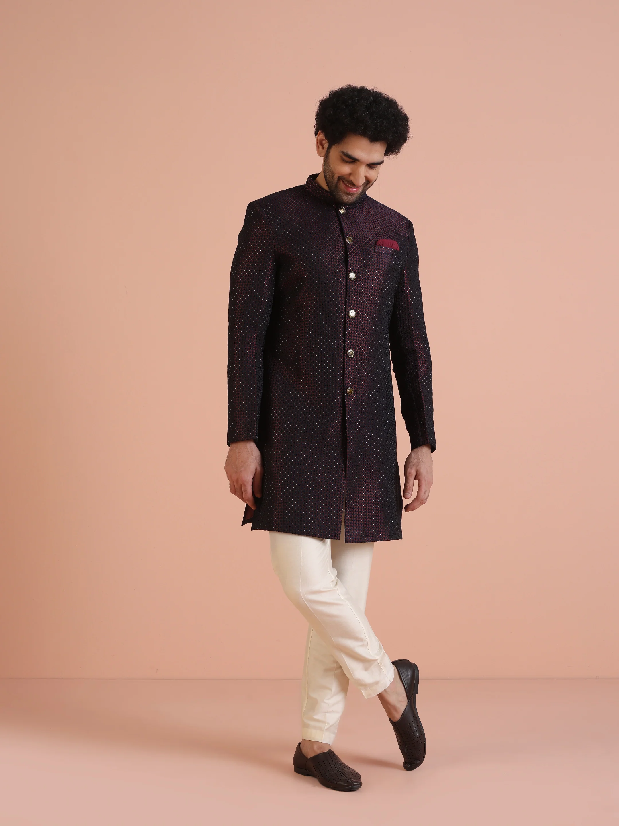 Maroon Black Textured Sherwani Trouser Set - Image 2