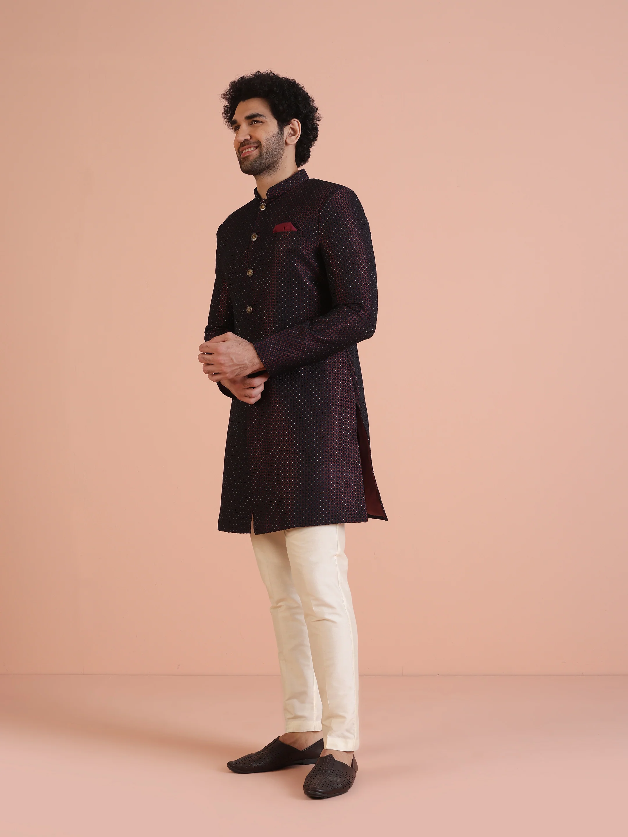 Maroon Black Textured Sherwani Trouser Set - Image 4