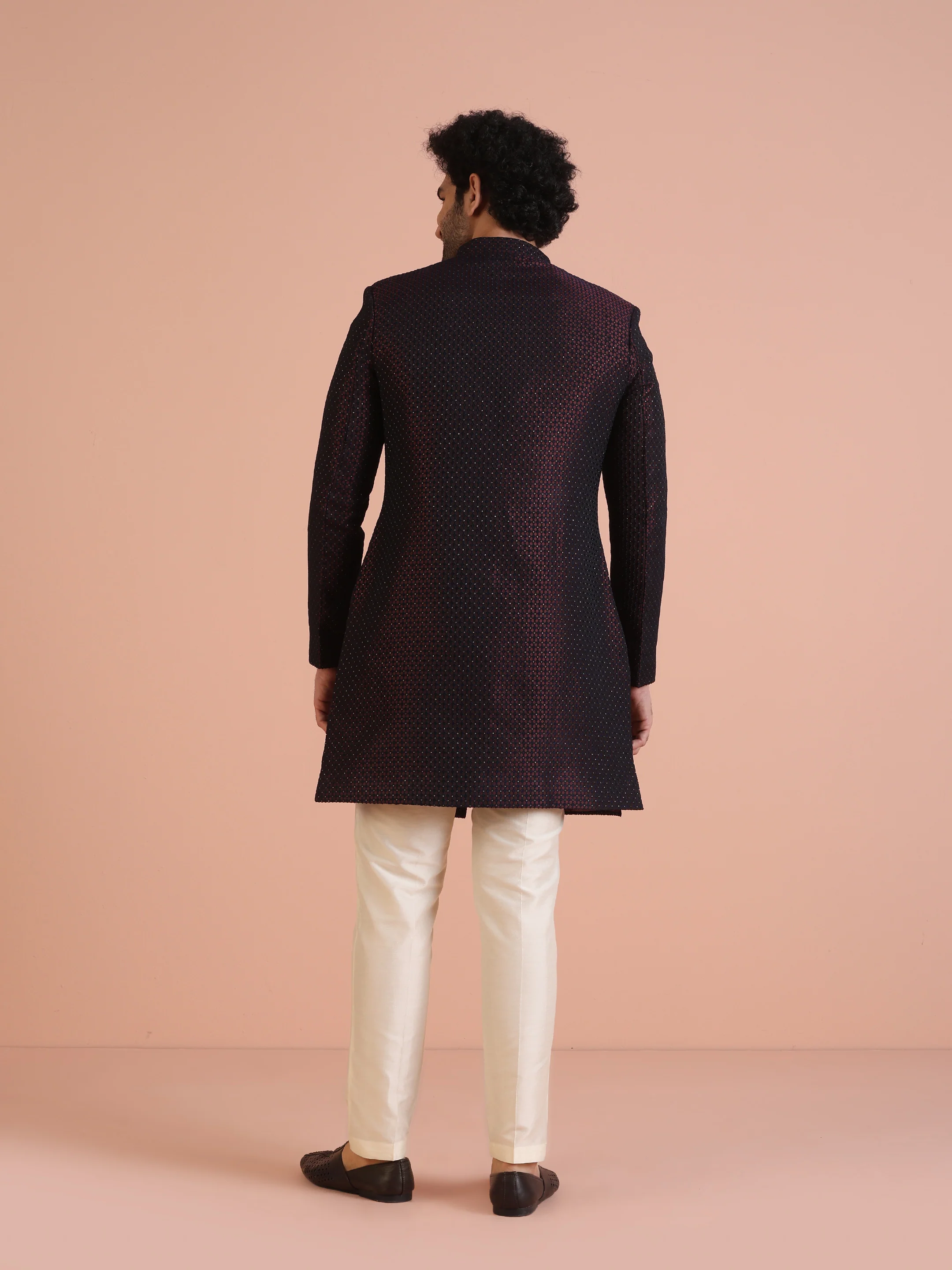 Maroon Black Textured Sherwani Trouser Set - Image 5