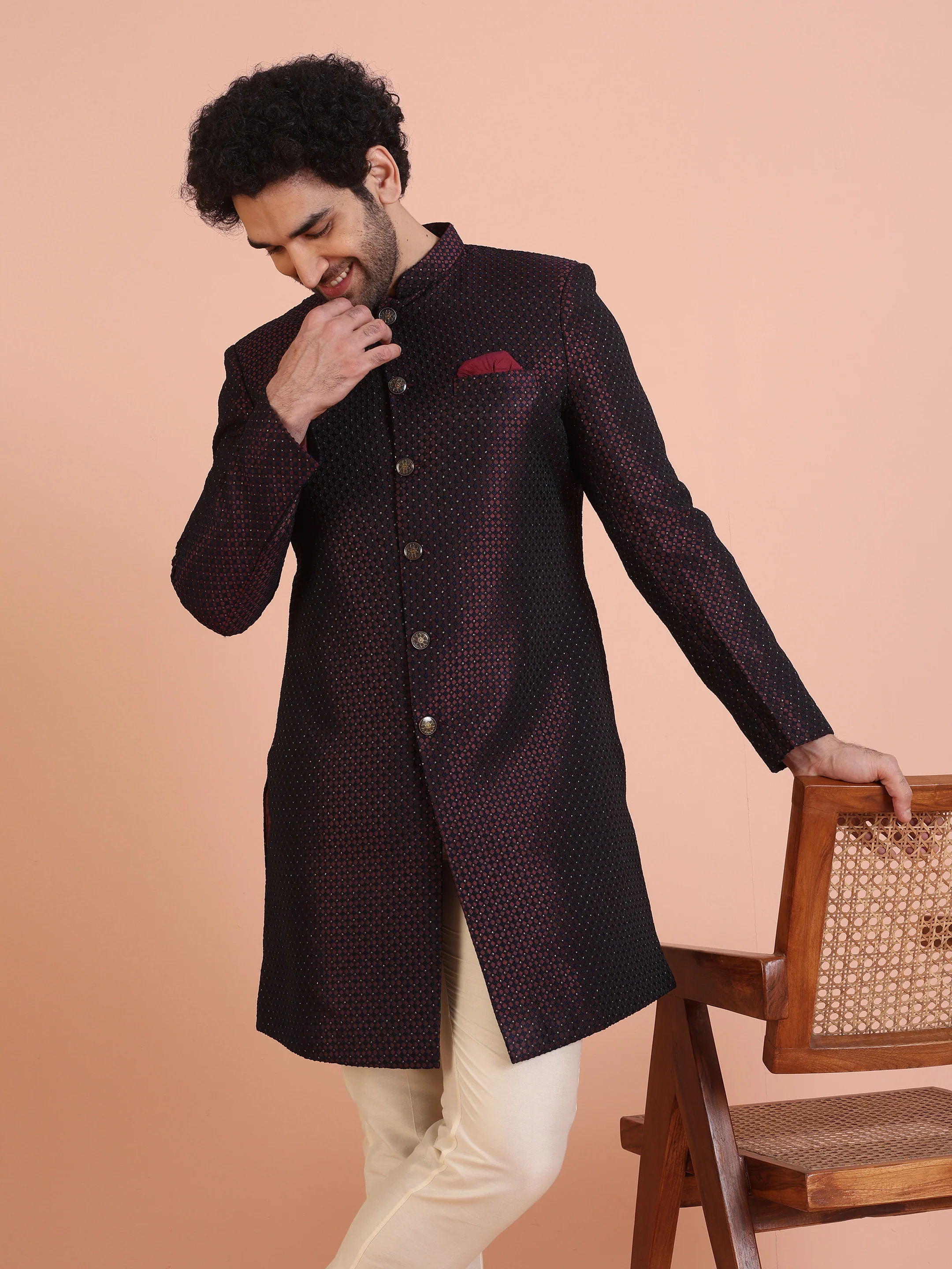Maroon Black Textured Sherwani Trouser Set - Image 8