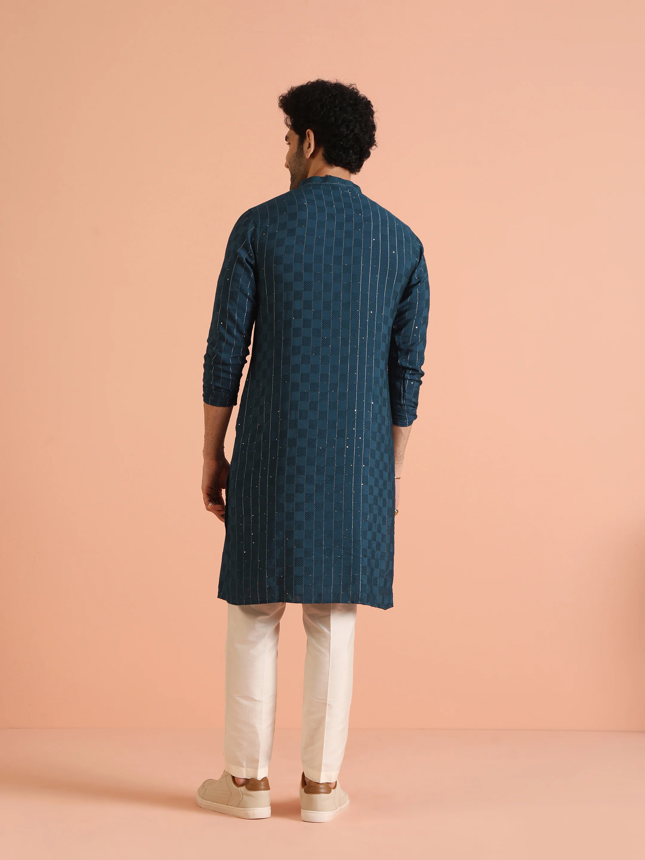 Teal Blue Jacquard Sequinned Kurta - Image 4