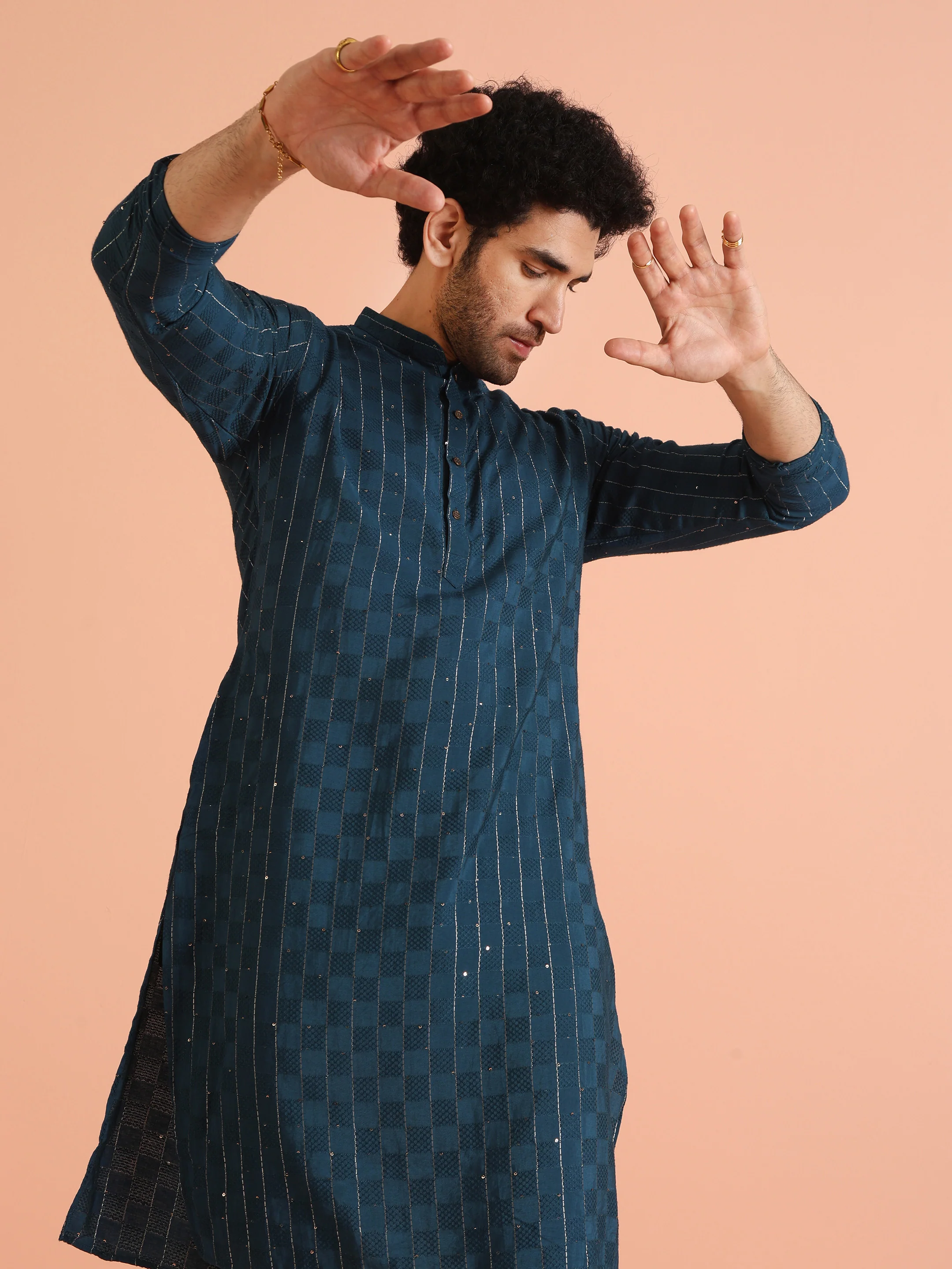 Teal Blue Jacquard Sequinned Kurta - Image 5