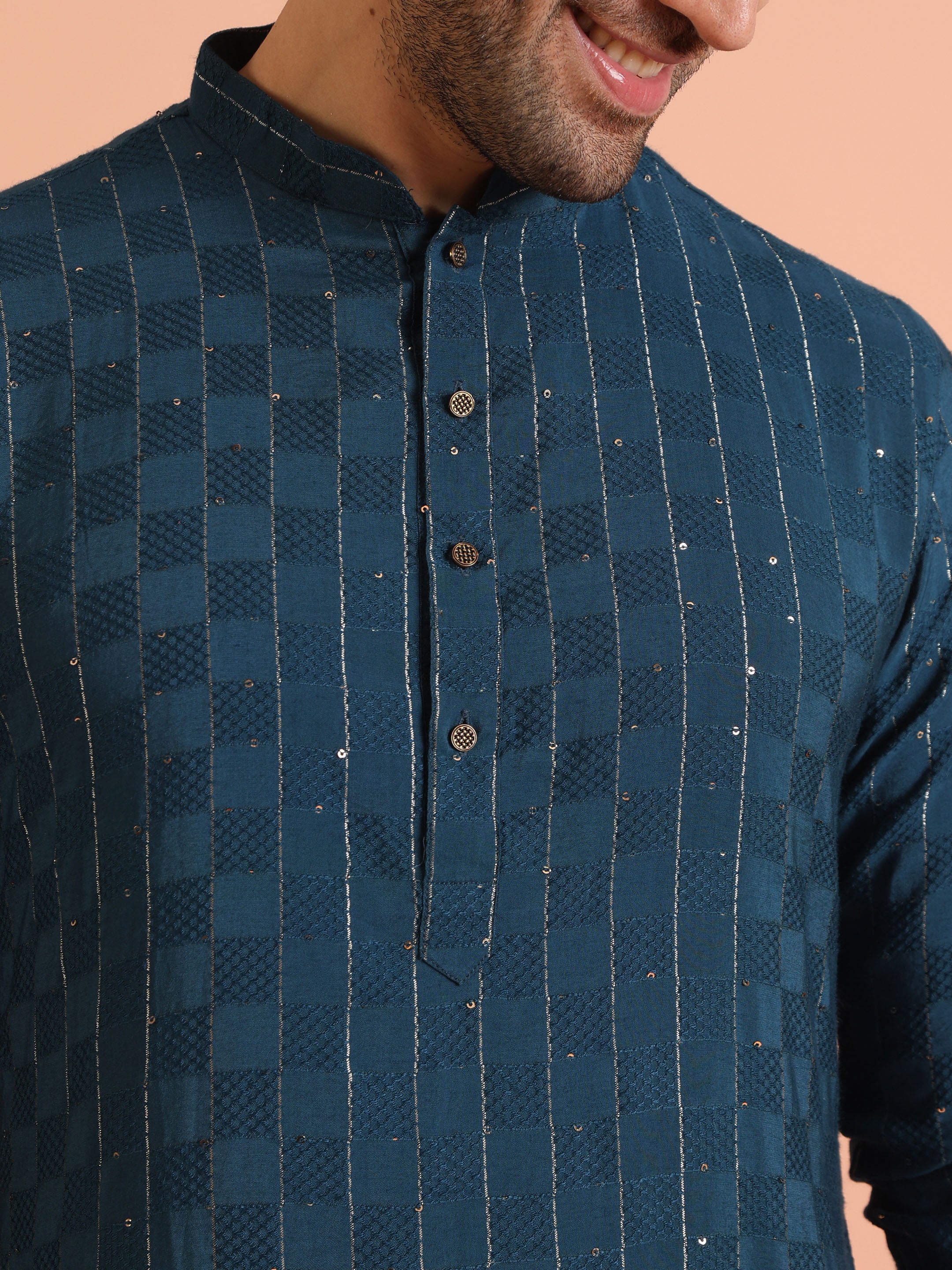 Teal Blue Jacquard Sequinned Kurta - Image 6