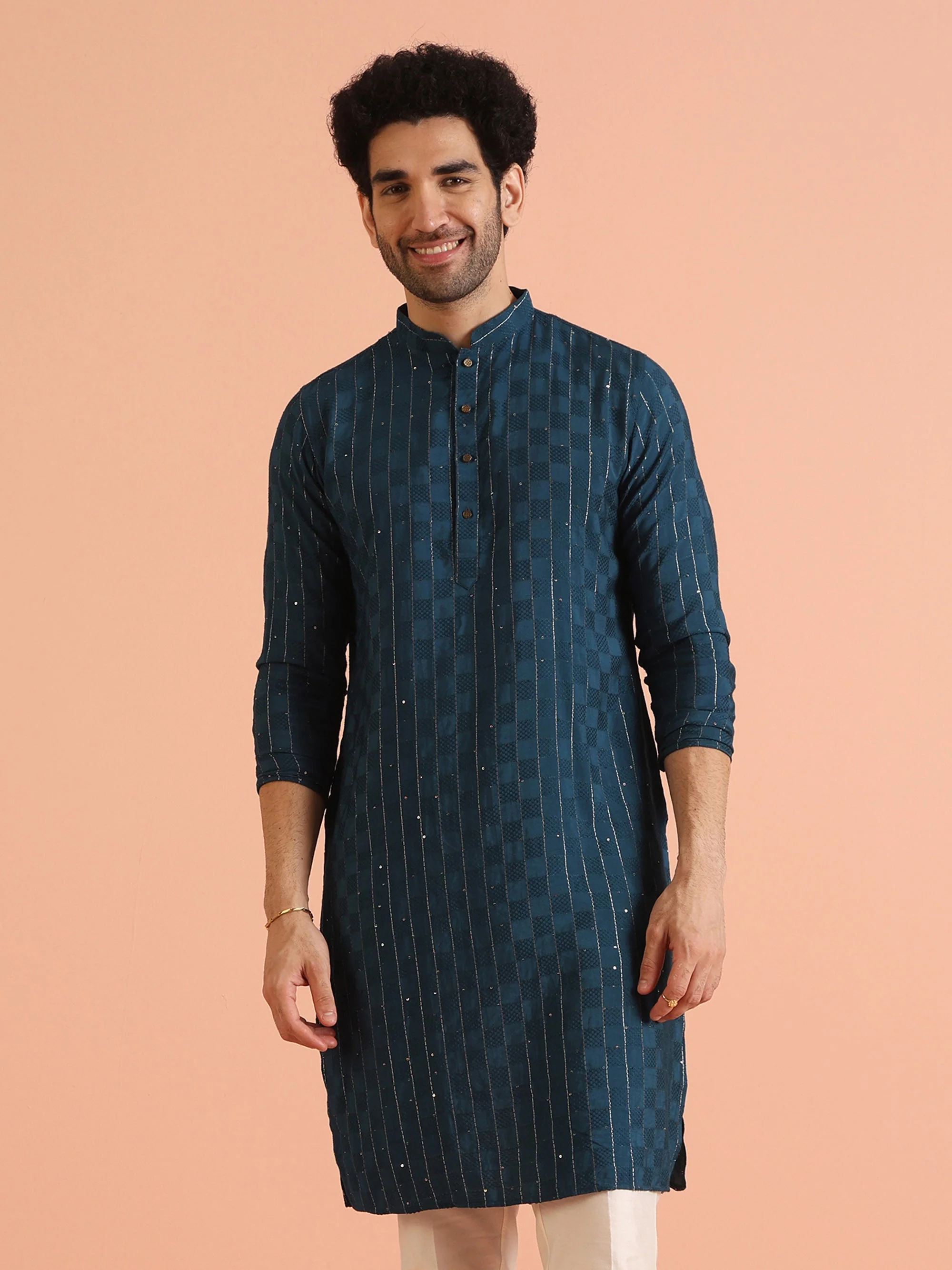 Teal Blue Jacquard Sequinned Kurta - Image 9