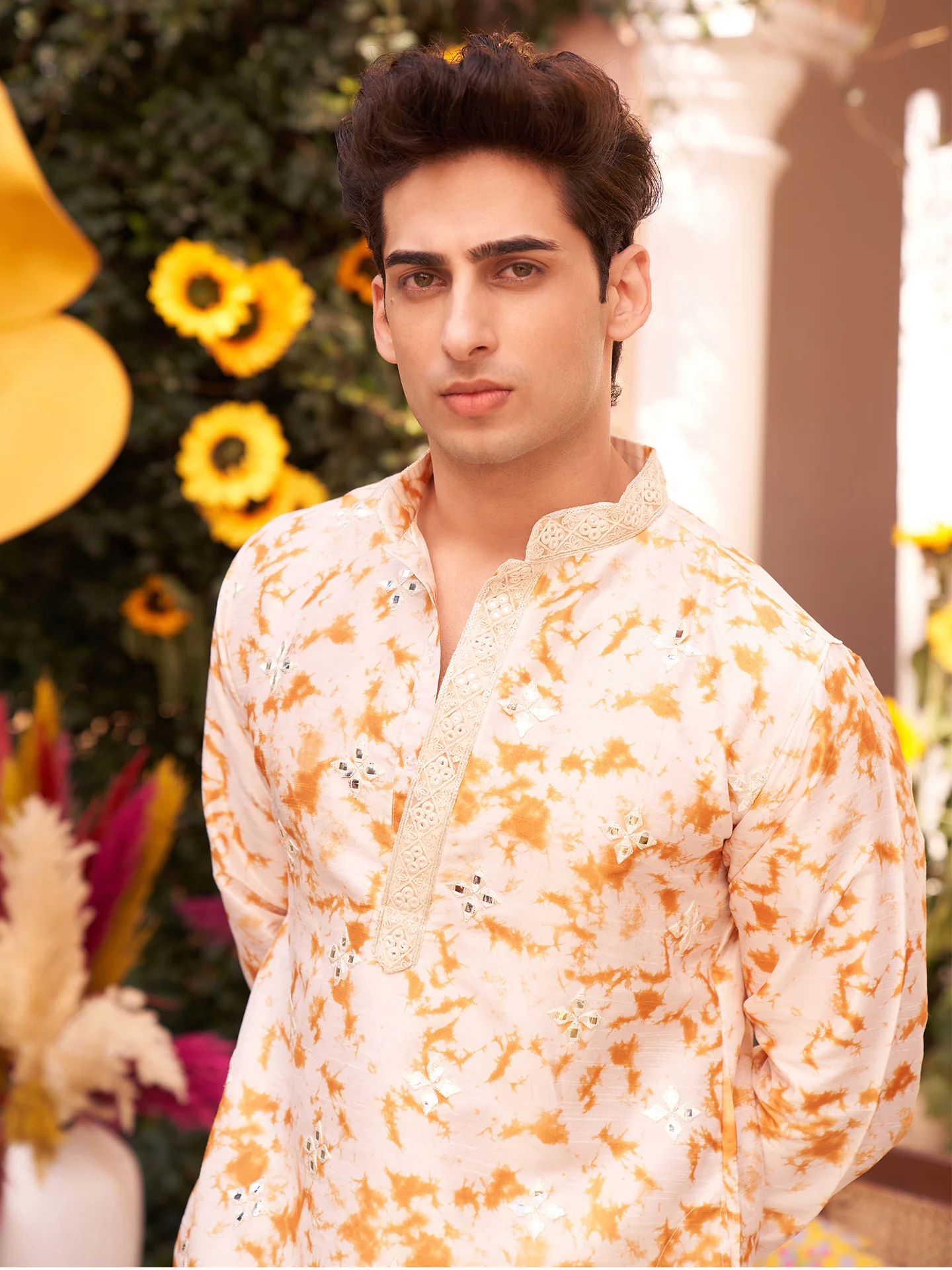 Cream Cotton Silk Mirror Work Kurta Dhoti Set - Image 11