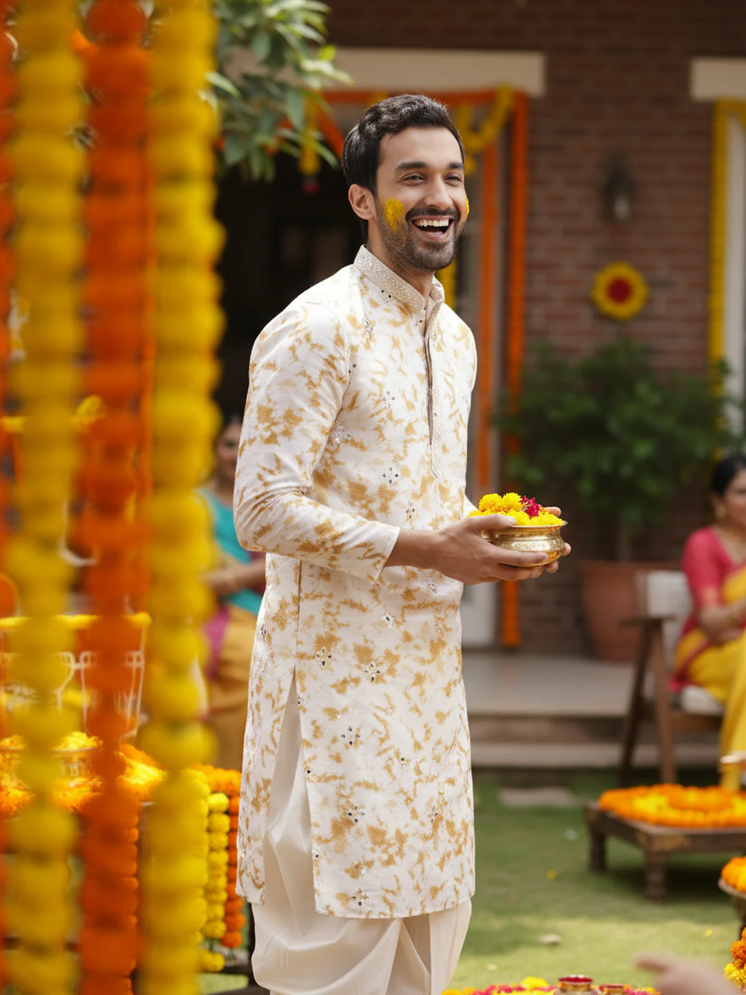Cream Cotton Silk Mirror Work Kurta Dhoti Set - Image 2