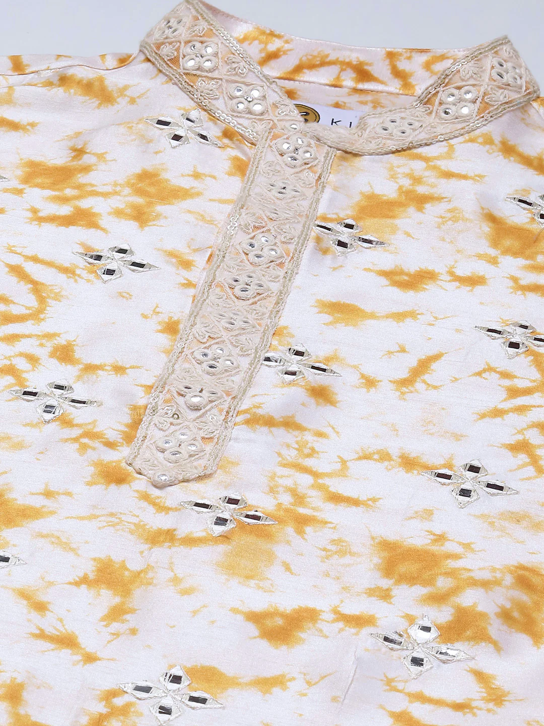 Cream Cotton Silk Mirror Work Kurta Dhoti Set - Image 6