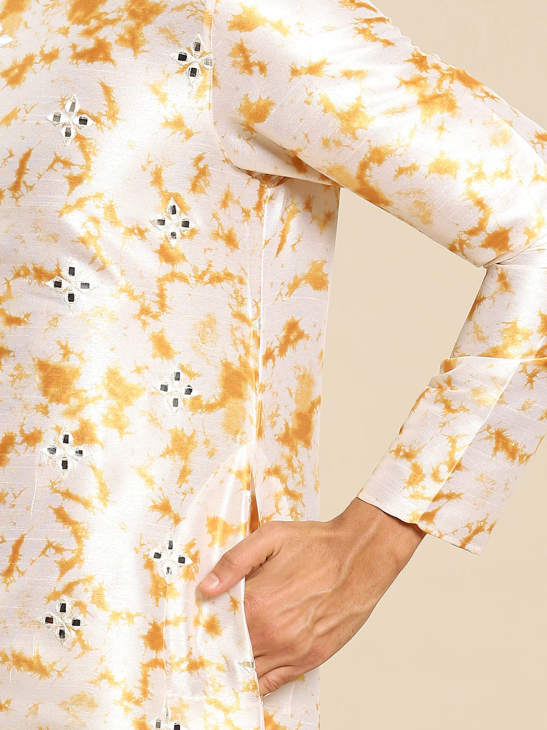 Cream Cotton Silk Mirror Work Kurta Dhoti Set - Image 7