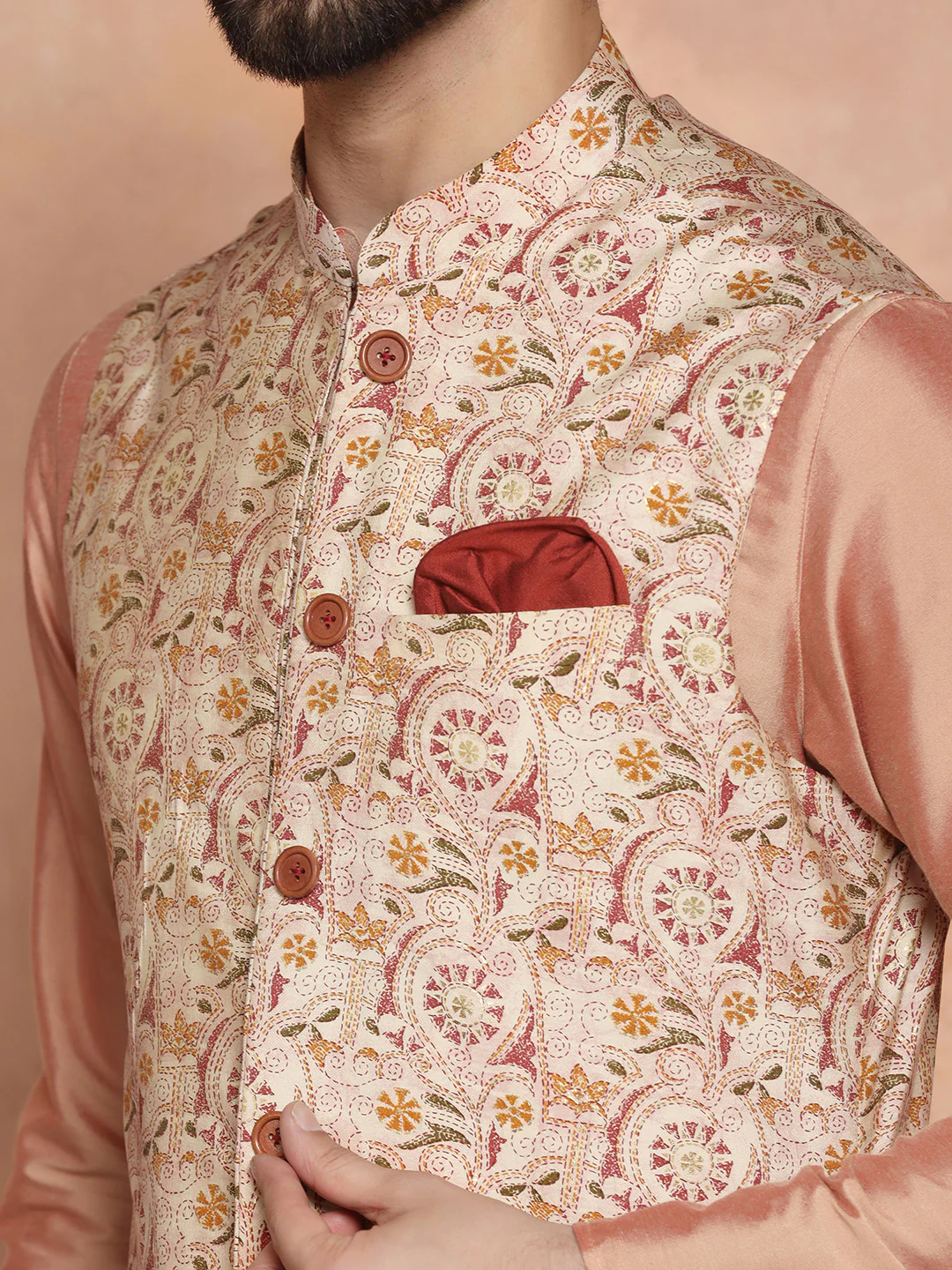 Multi Printed Silk Blend Nehru Jacket Kurta Churidar Set - Image 6