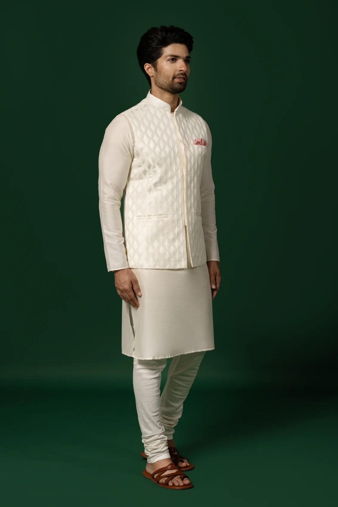 White Silk Blend Textured Jacket Kurta Churidar - Image 3