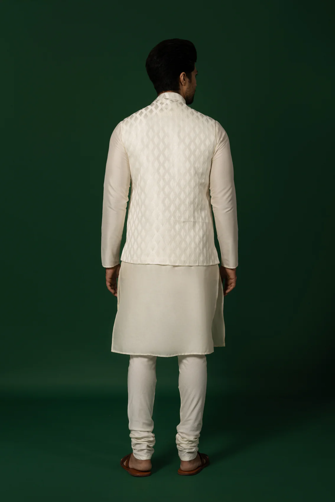White Silk Blend Textured Jacket Kurta Churidar - Image 5