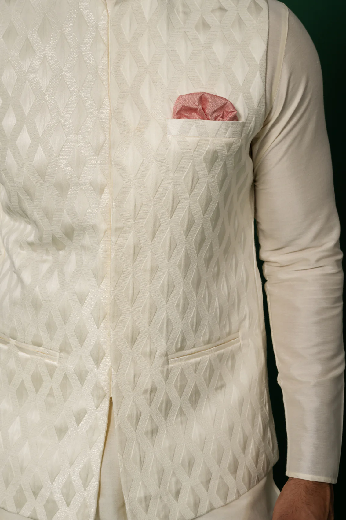 White Silk Blend Textured Jacket Kurta Churidar - Image 6
