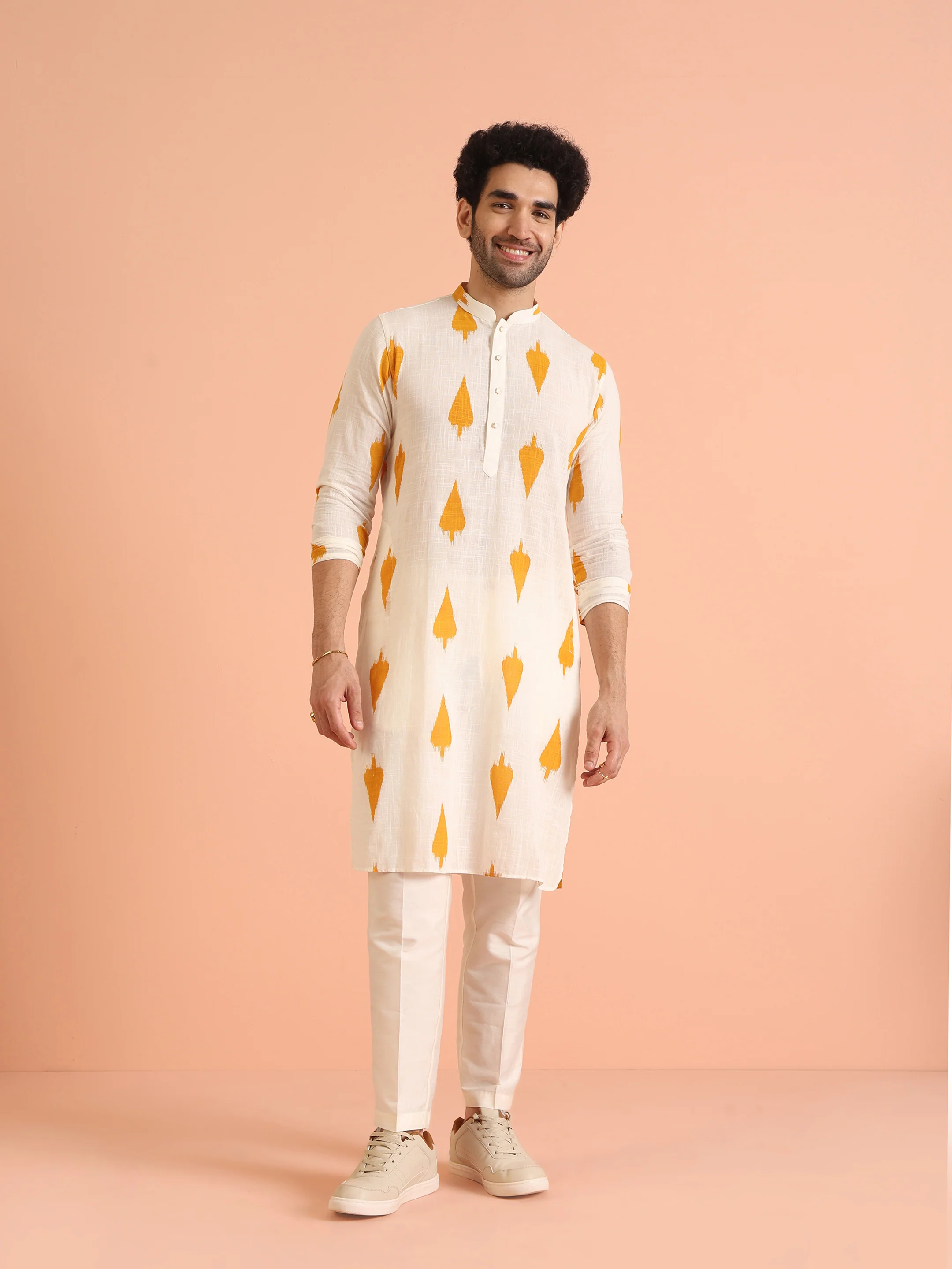 White Cotton Kurta with Mustard Ikat Prints - Image 3
