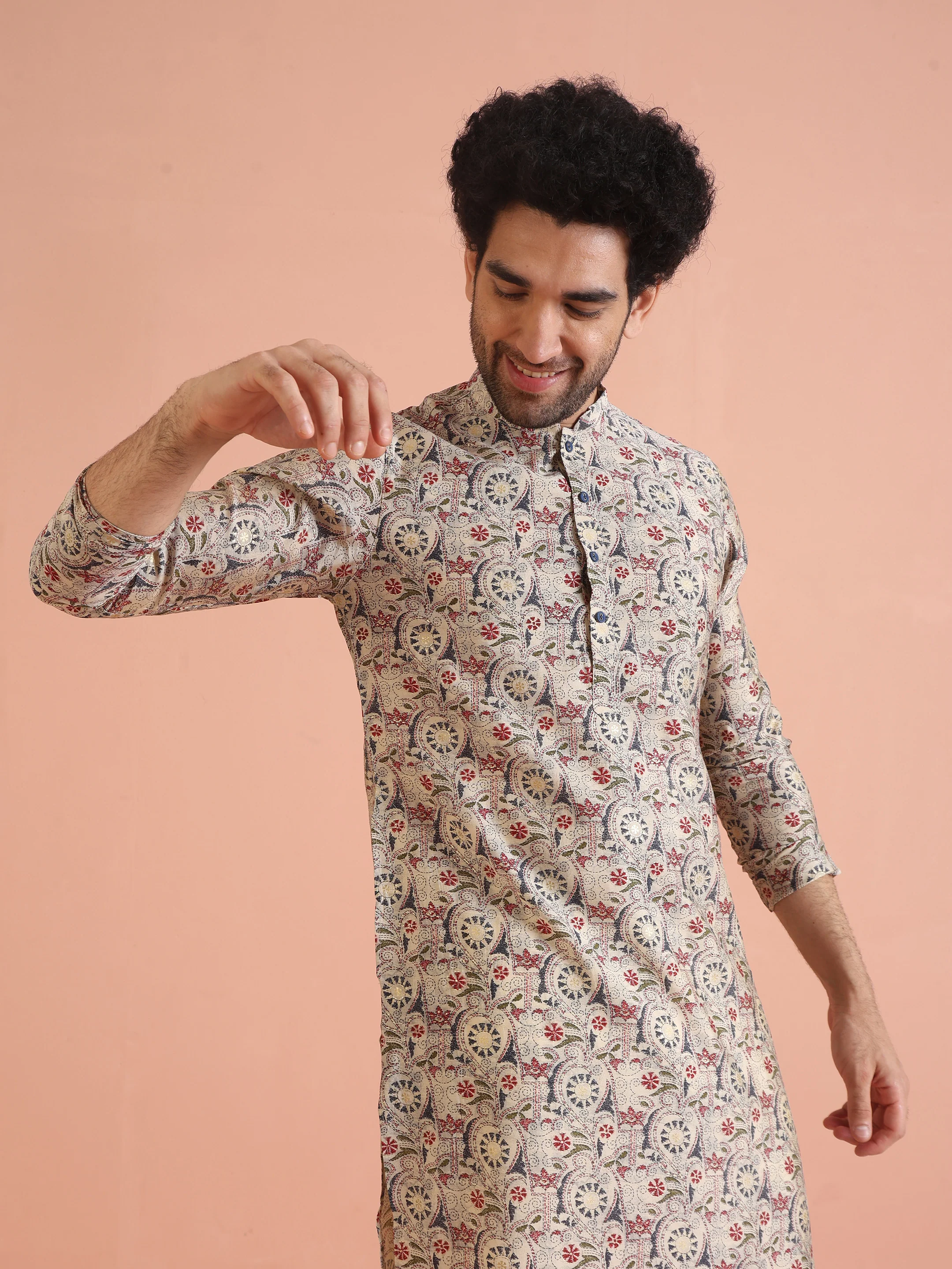 Cream Cotton Printed Kurta Trouser Set - Image 8
