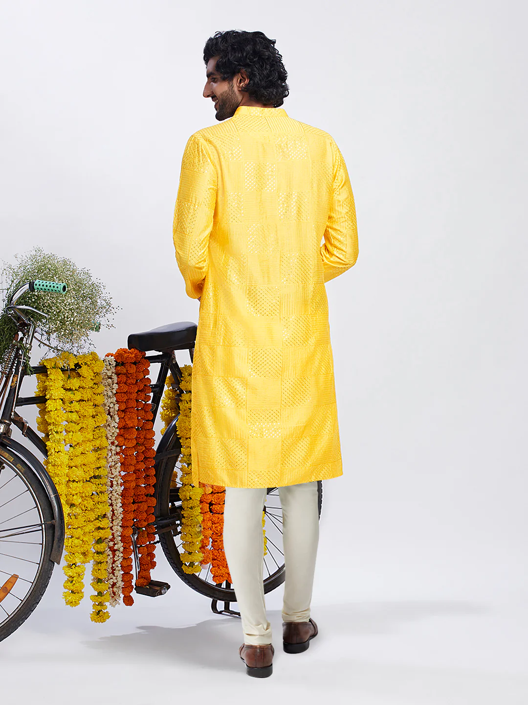 Golden Yellow Jacquard Kurta Churidar Set - Image 4