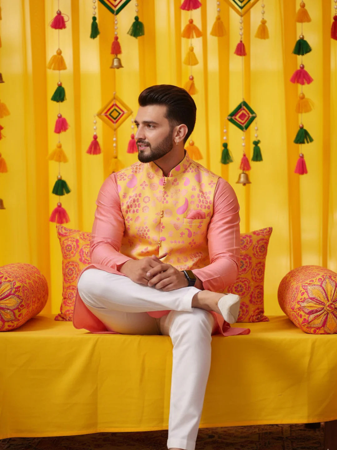 Peach Silk Blend Yellow Printed Nehru Jacket Kurta Set - Image 2