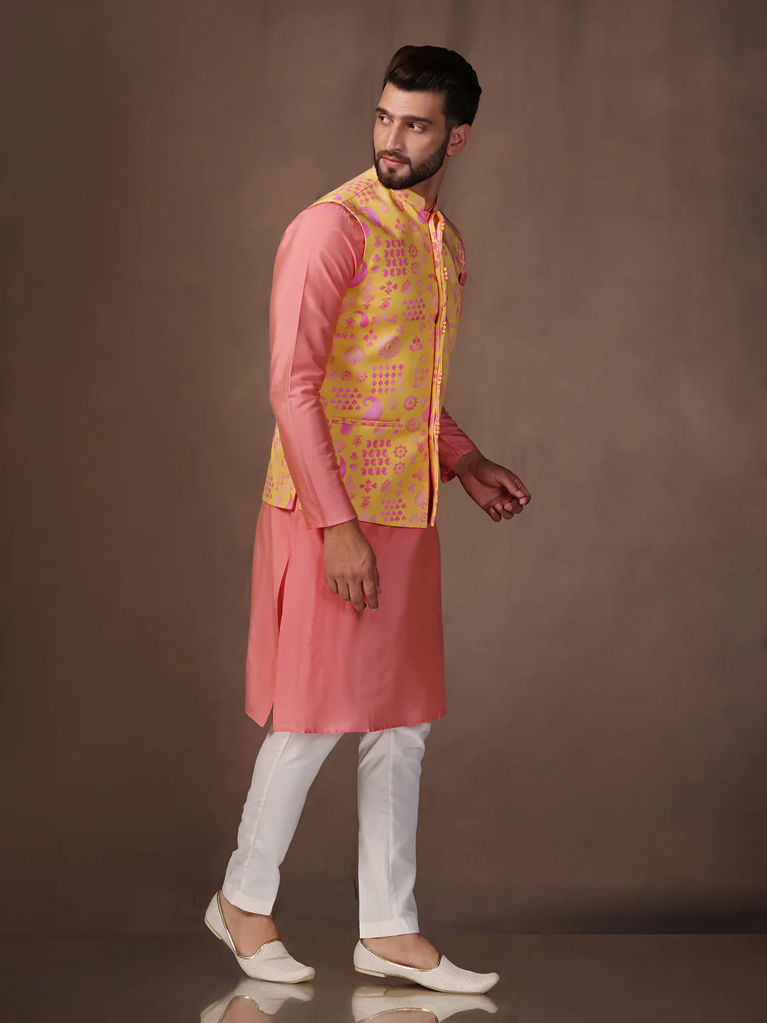 Peach Silk Blend Yellow Printed Nehru Jacket Kurta Set - Image 3