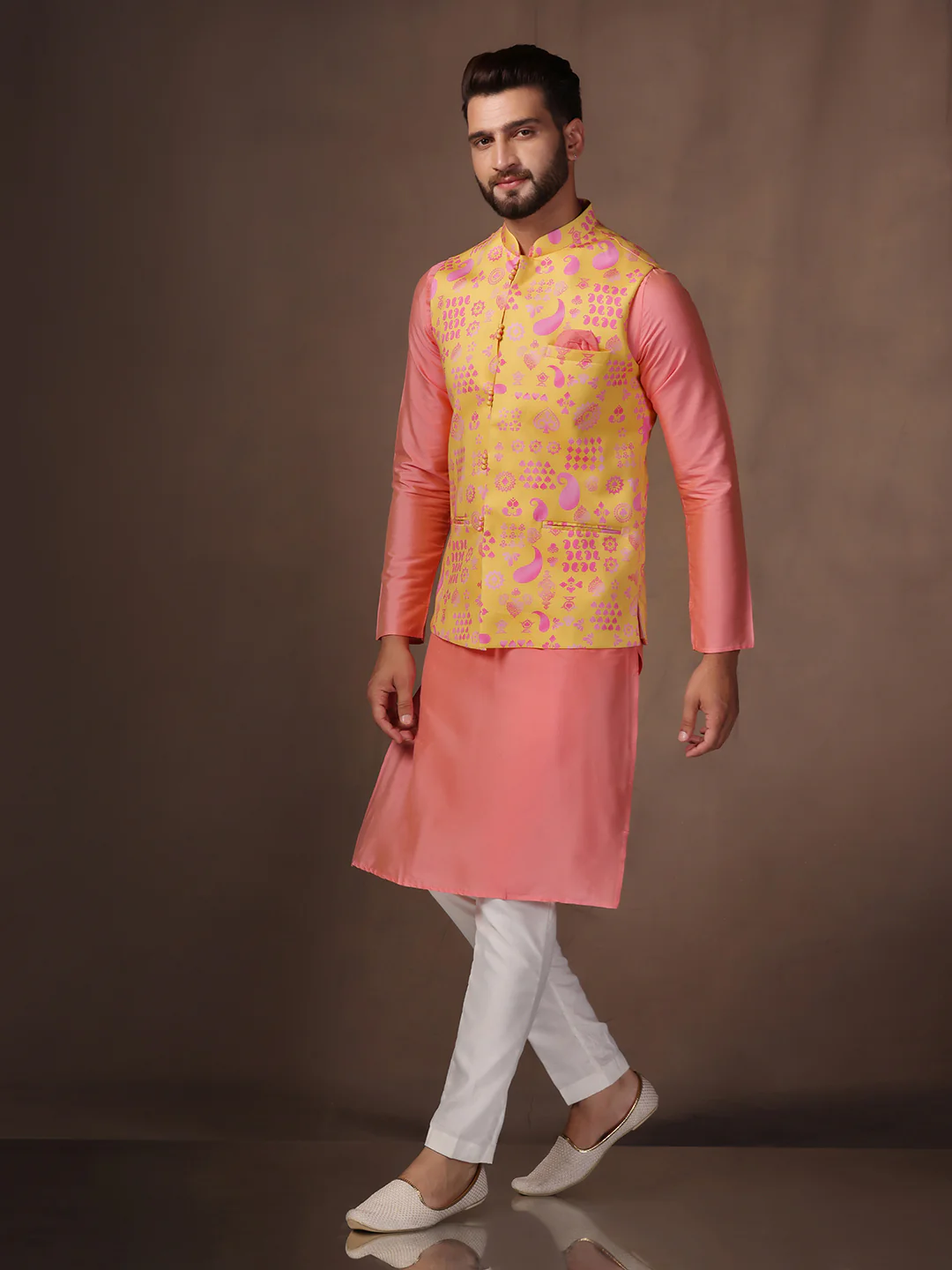 Peach Silk Blend Yellow Printed Nehru Jacket Kurta Set - Image 4
