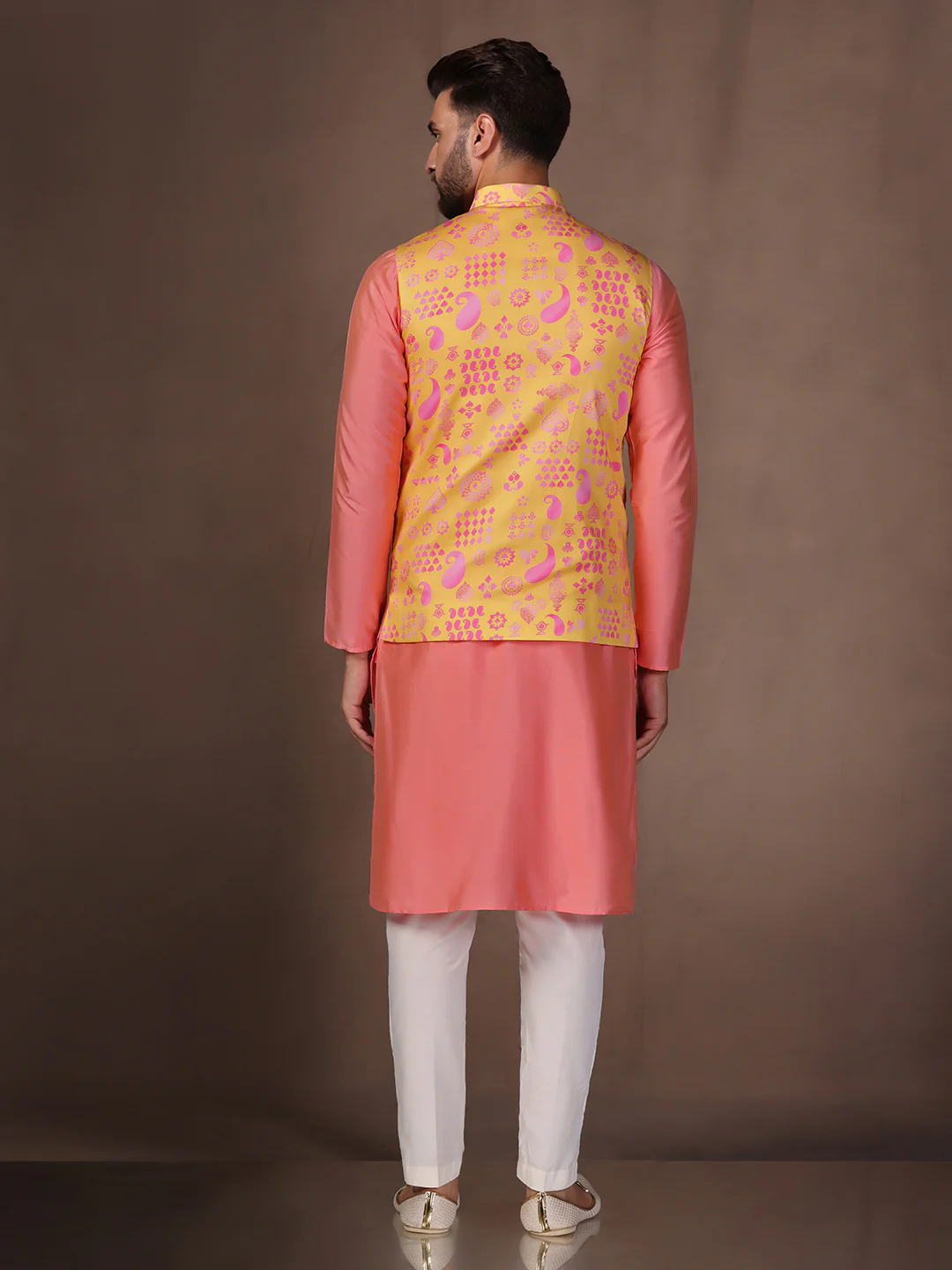Peach Silk Blend Yellow Printed Nehru Jacket Kurta Set - Image 5