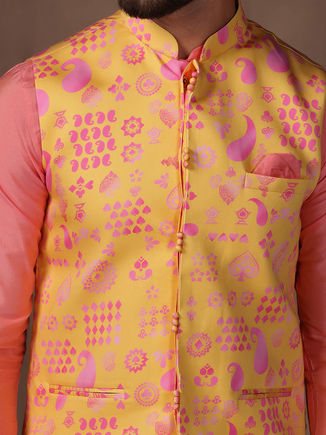 Peach Silk Blend Yellow Printed Nehru Jacket Kurta Set - Image 6