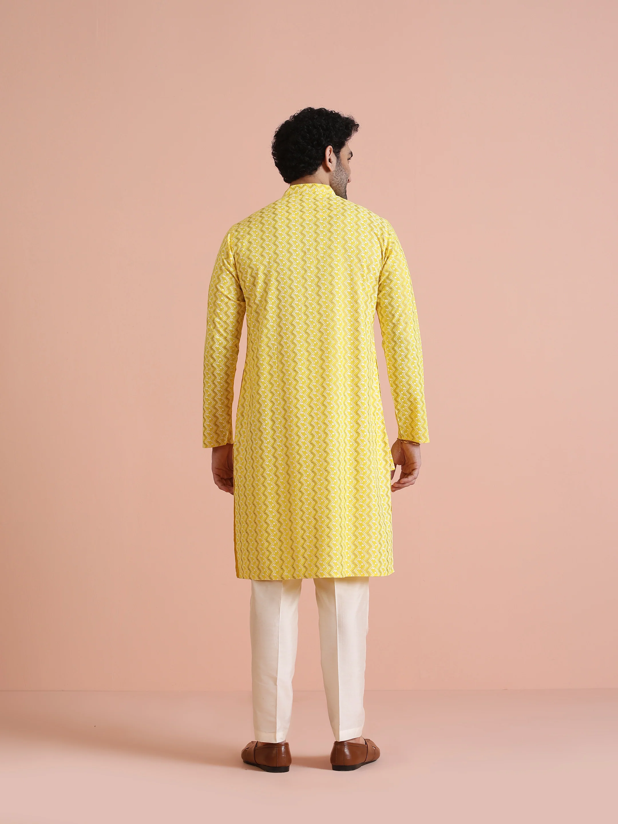 Yellow Silk Blend Kurta with Geometric Woven Pattern - Image 5
