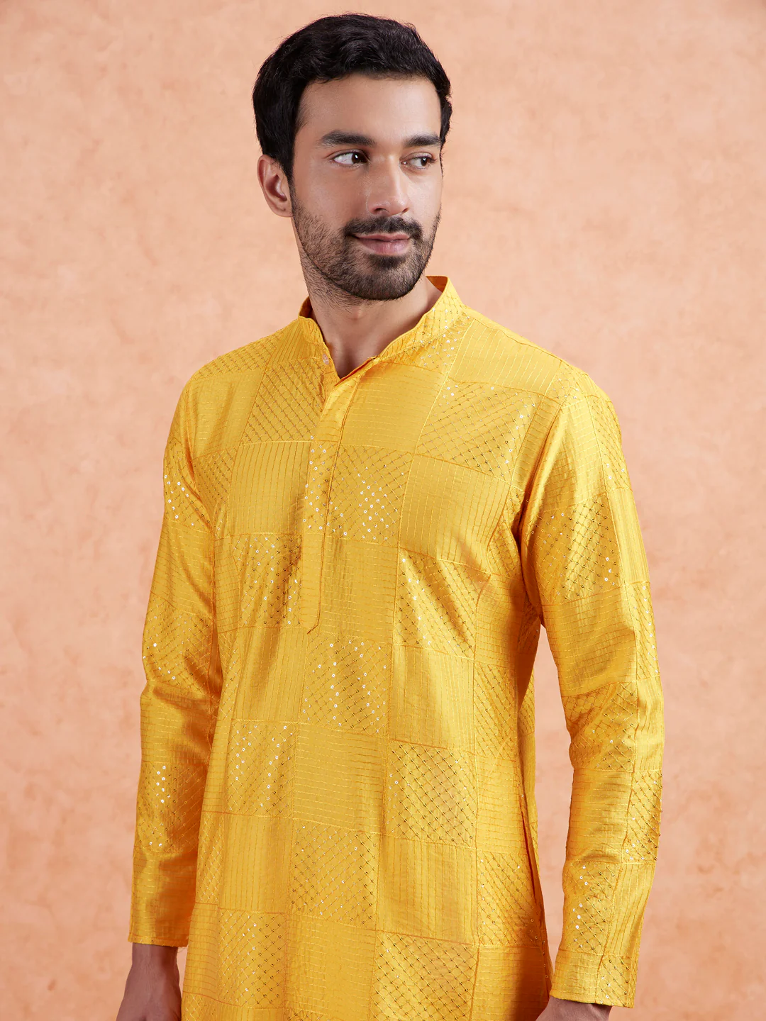 Yellow Jacquard Silk Blend Kurta - Image 2