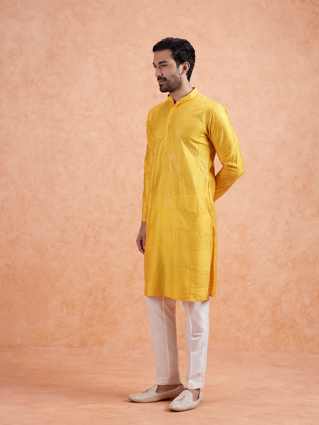 Yellow Jacquard Silk Blend Kurta - Image 4
