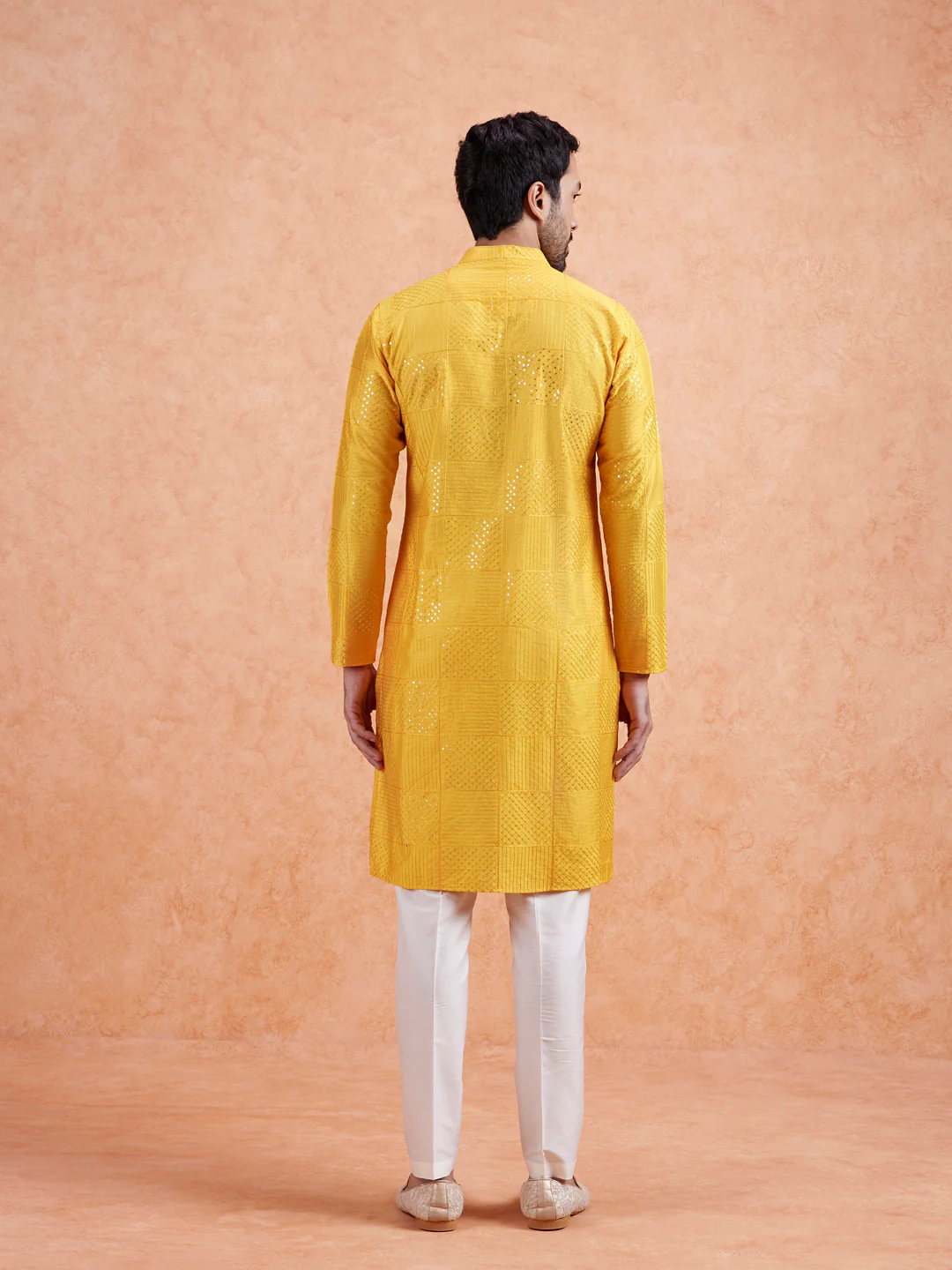 Yellow Jacquard Silk Blend Kurta - Image 5