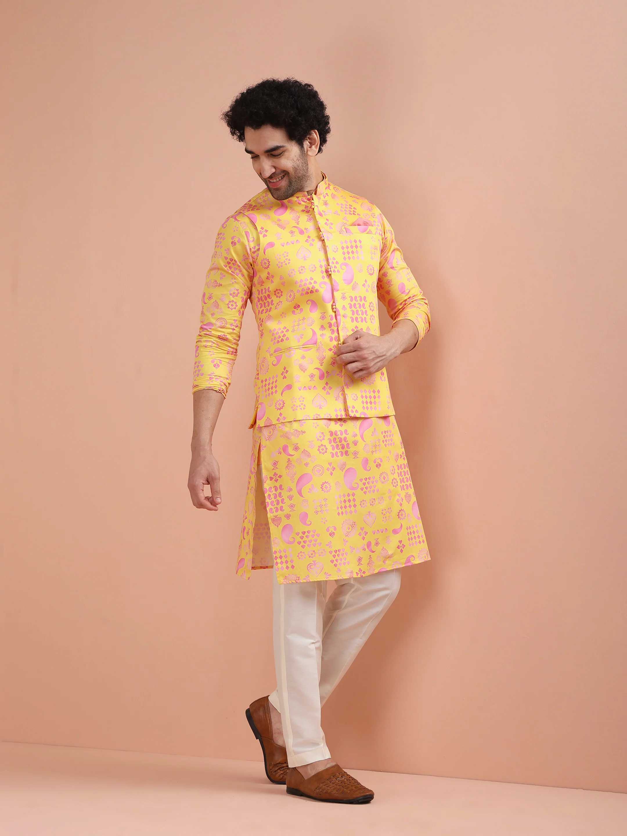 Yellow Pink Cotton Silk Printed Nehru Jacket - Image 2