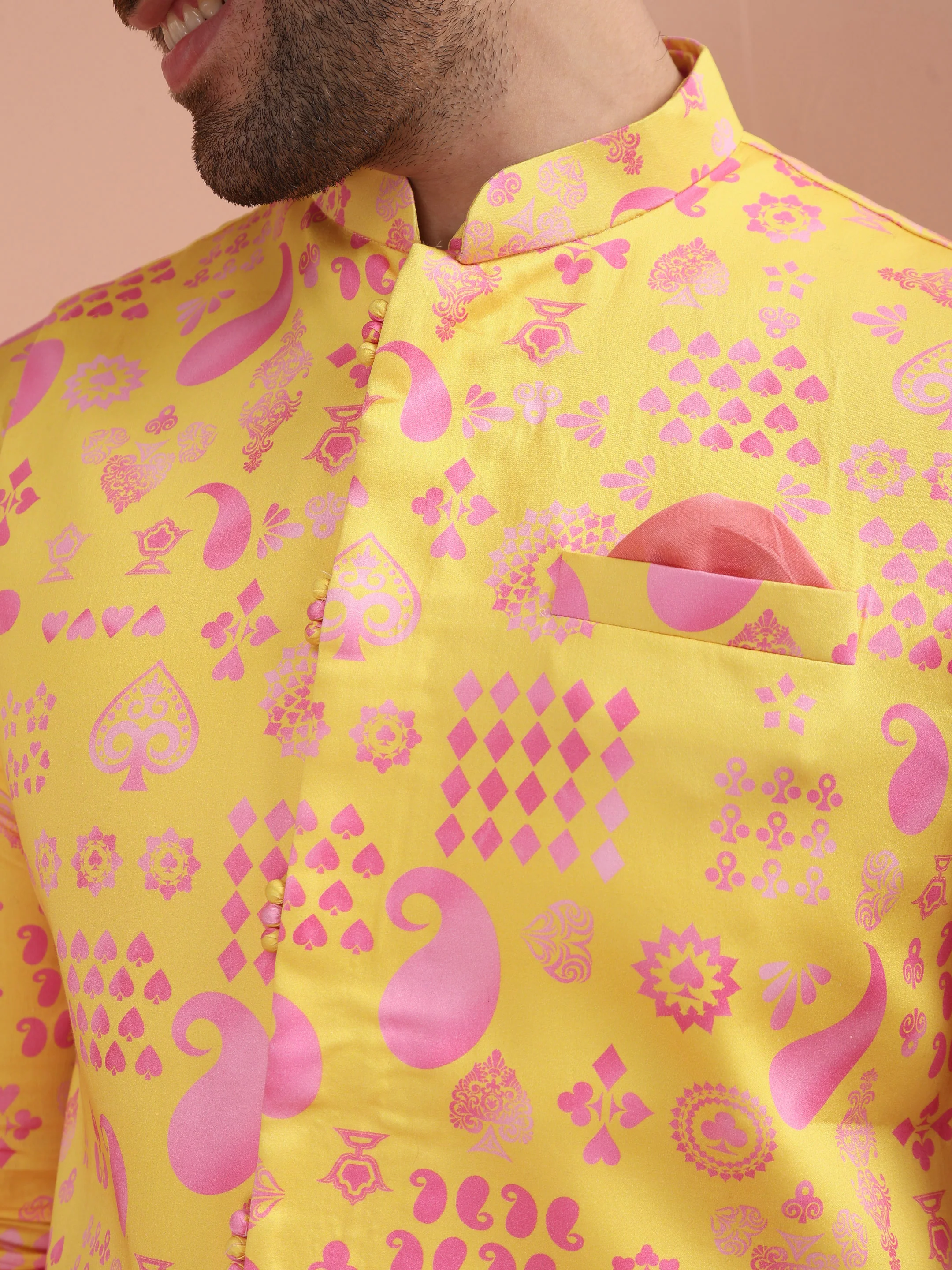 Yellow Pink Cotton Silk Printed Nehru Jacket - Image 5