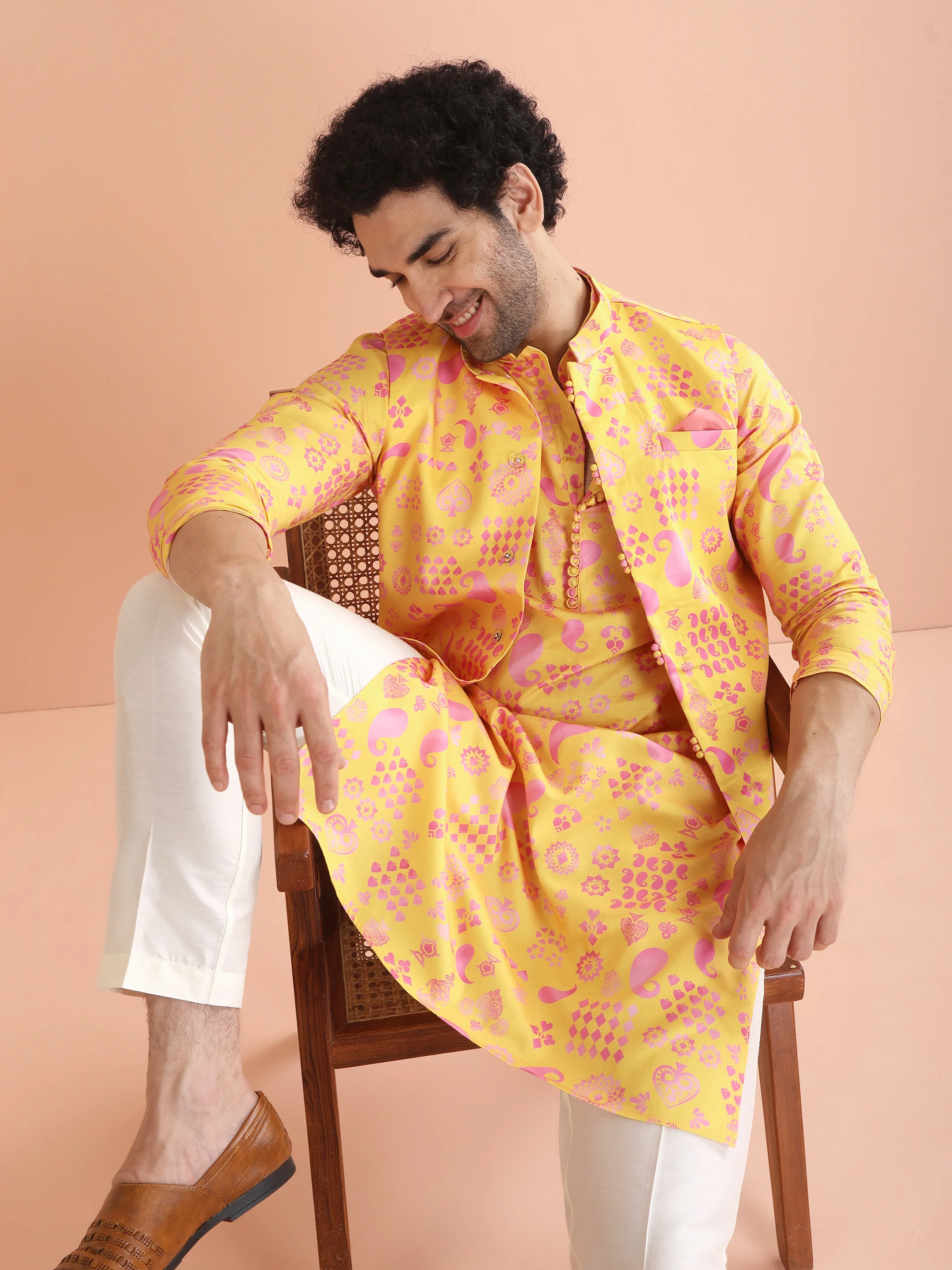 Yellow Pink Cotton Silk Printed Nehru Jacket - Image 6