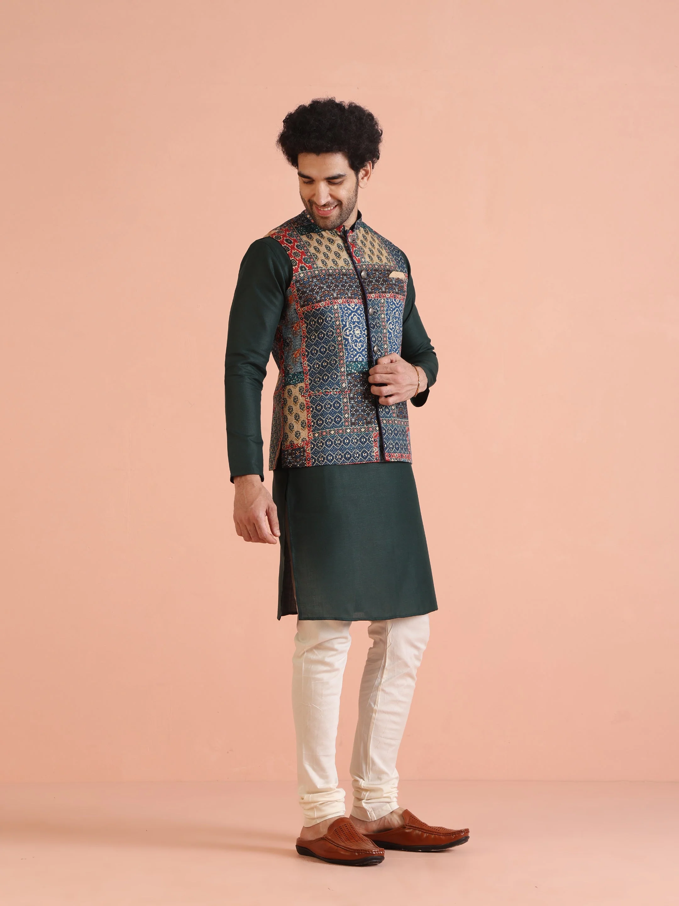 Kisah Multicolor Patchwork Printed Silk Blend Nehru Jacket with Mandarin Collar - Image 3
