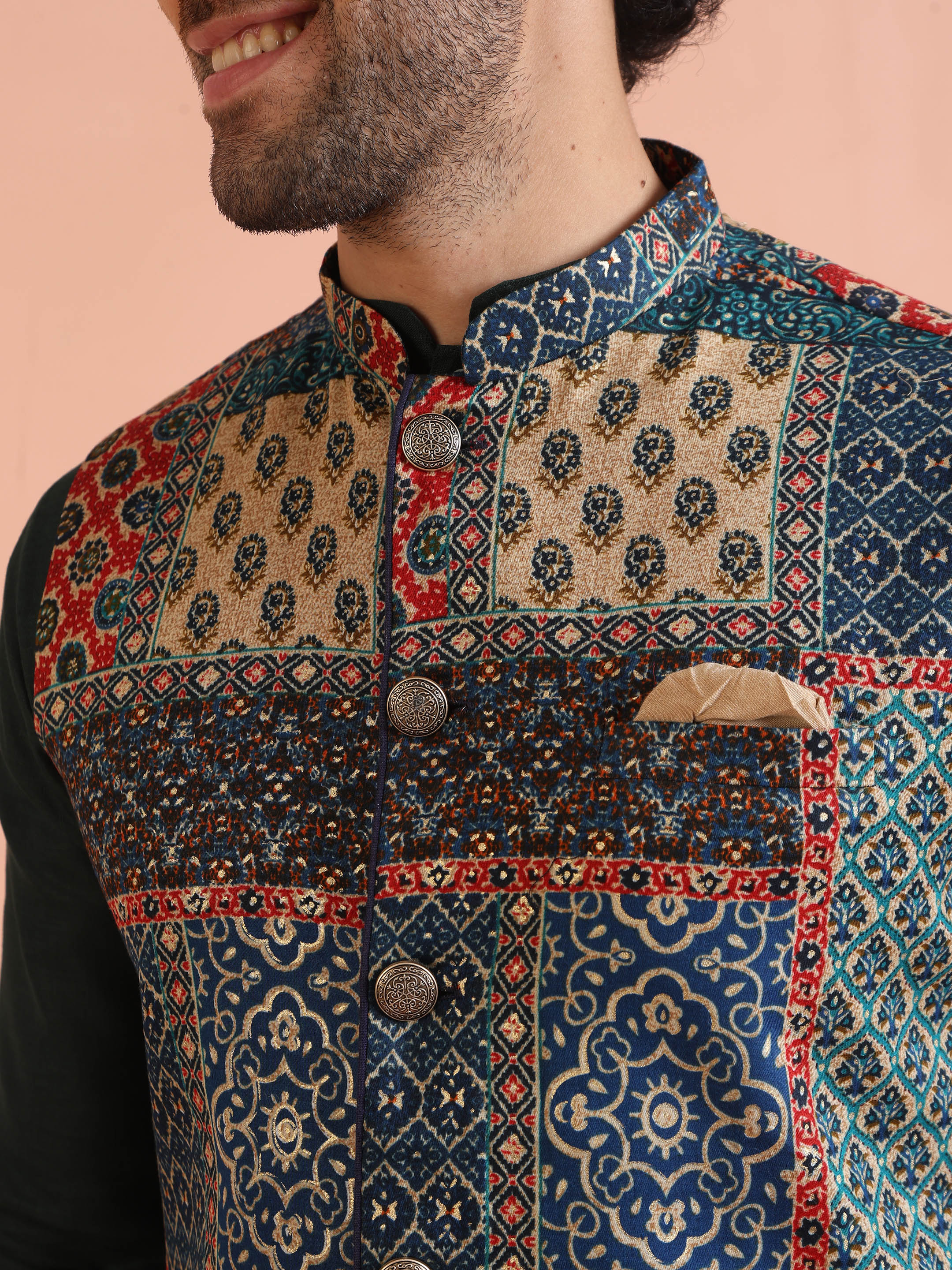 Kisah Multicolor Patchwork Printed Silk Blend Nehru Jacket with Mandarin Collar - Image 6