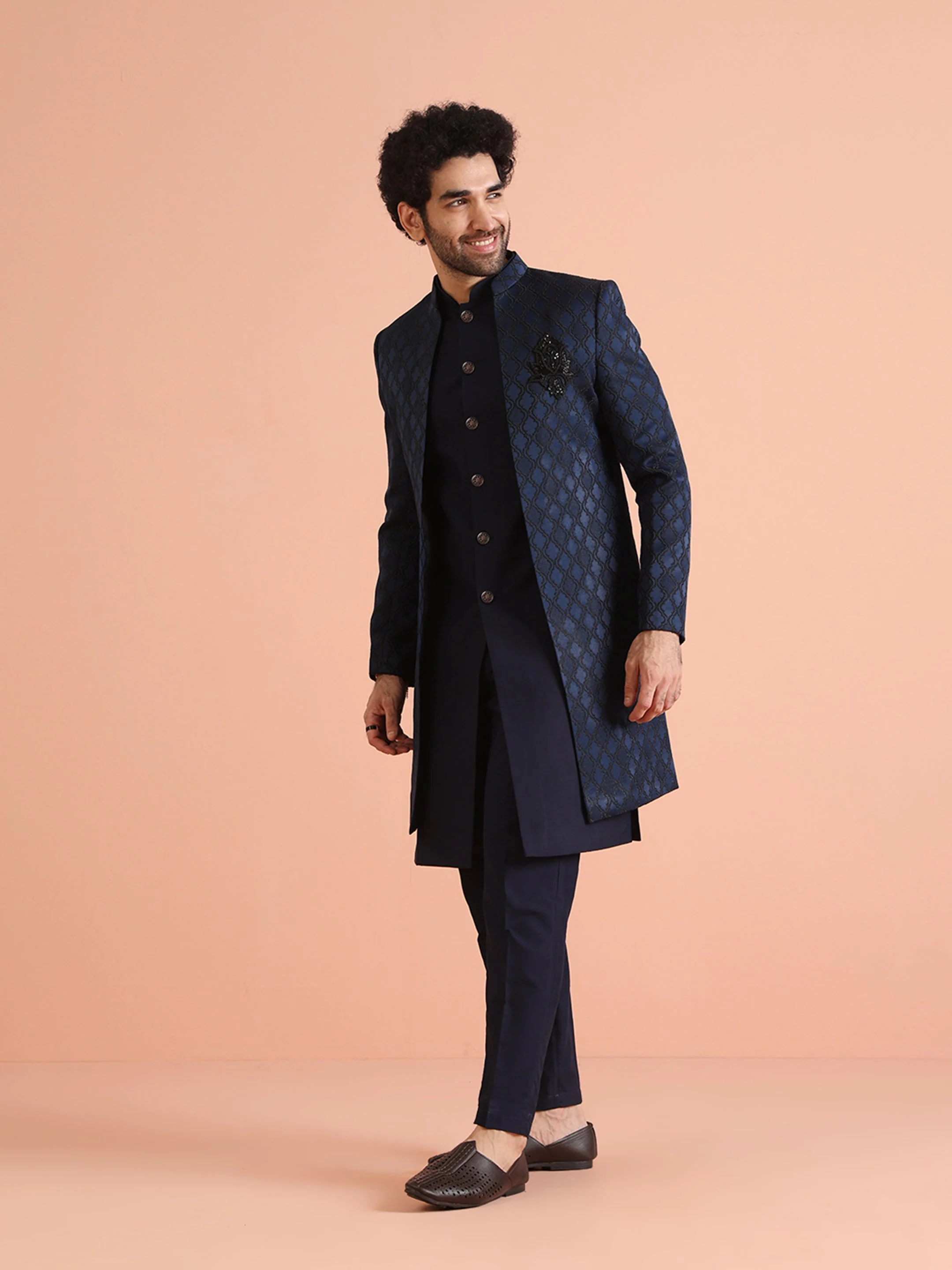 Kisah Navy Blue Silk Blend Indo Western Sherwani Set with Embroidered Detailing and Trousers - Image 3