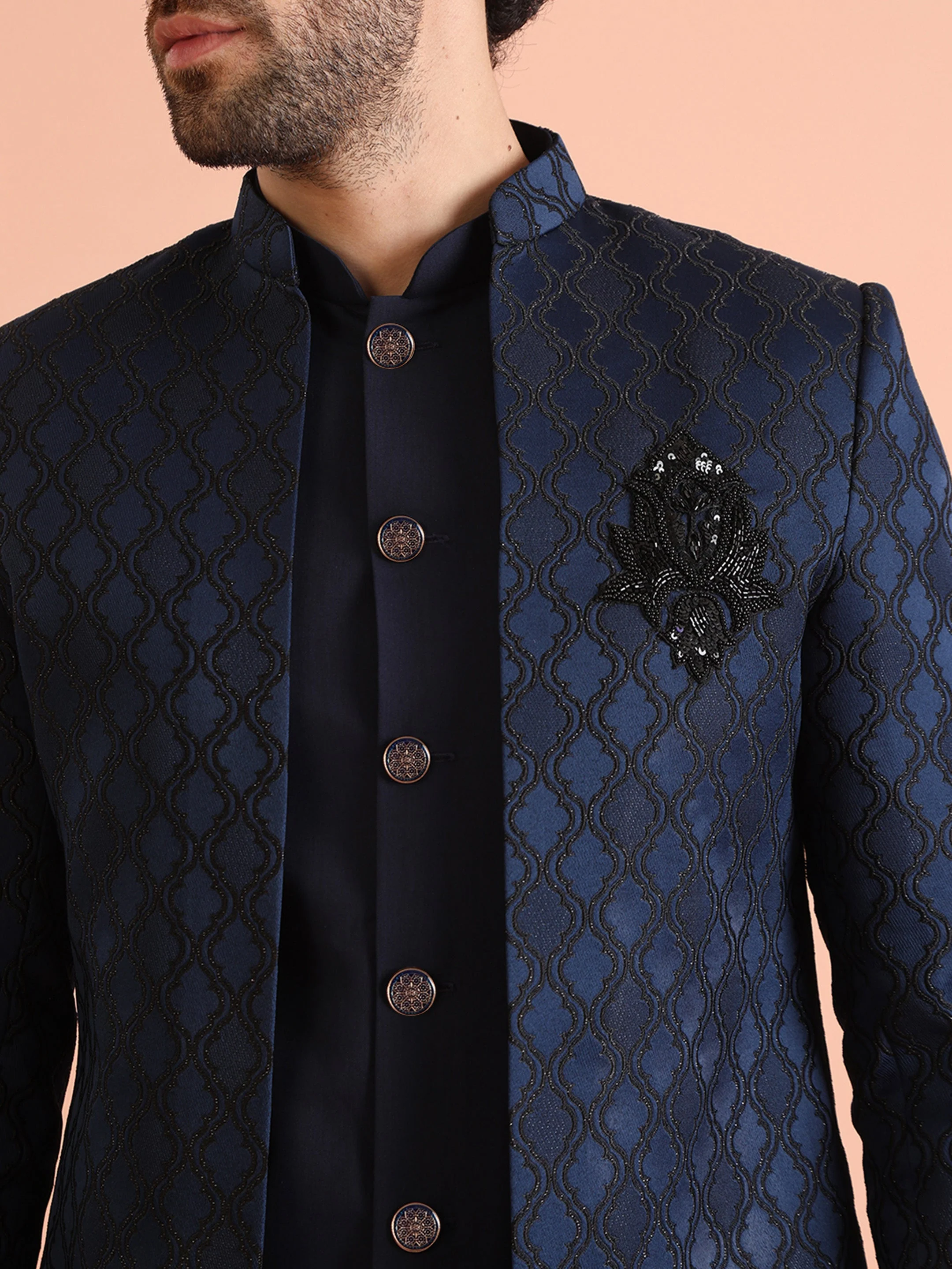 Kisah Navy Blue Silk Blend Indo Western Sherwani Set with Embroidered Detailing and Trousers - Image 5