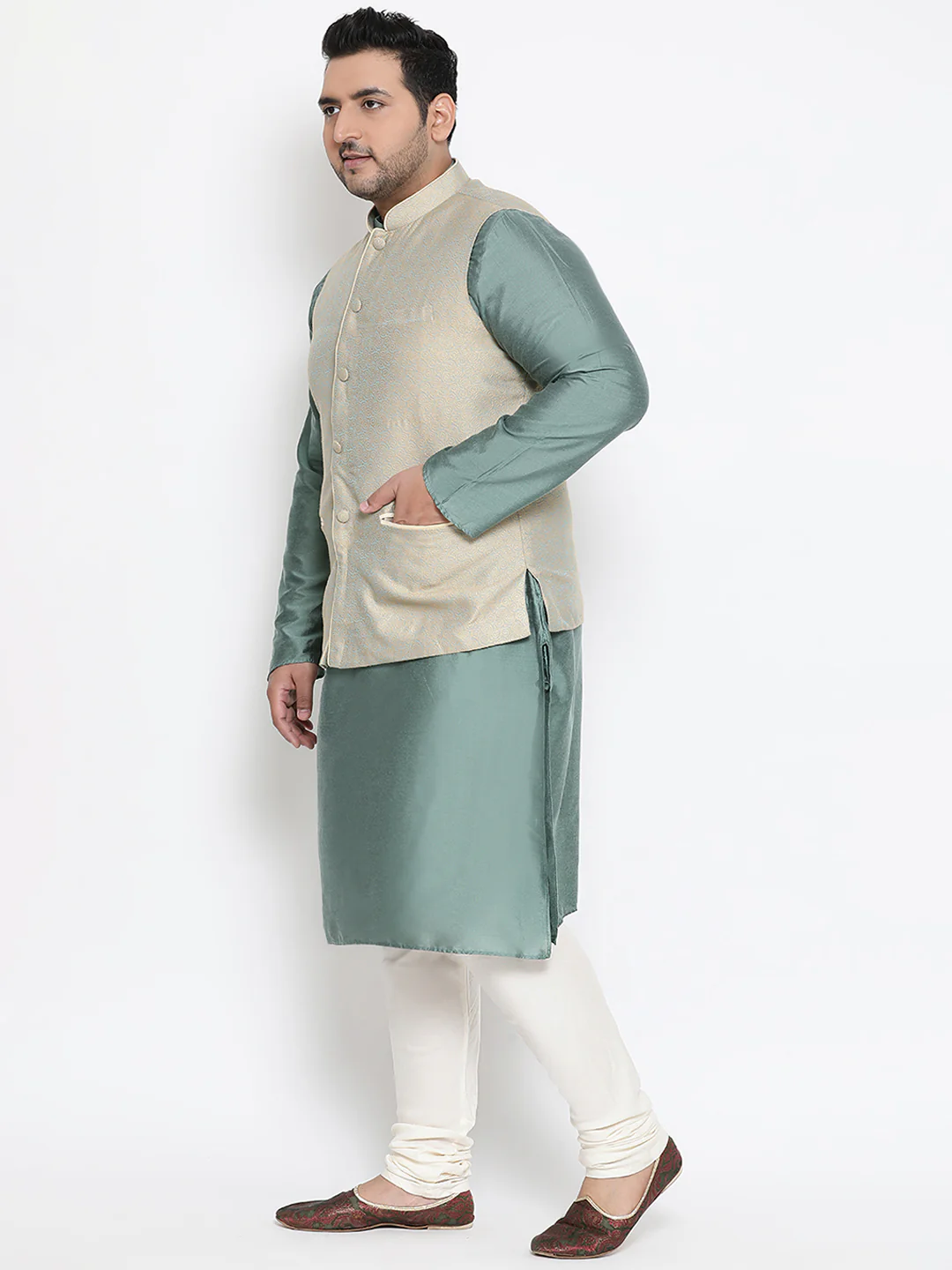 Men Green Kurta Jacket Churidar Set - Image 3