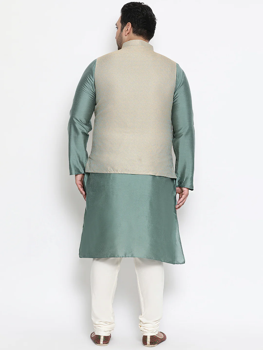 Men Green Kurta Jacket Churidar Set - Image 4