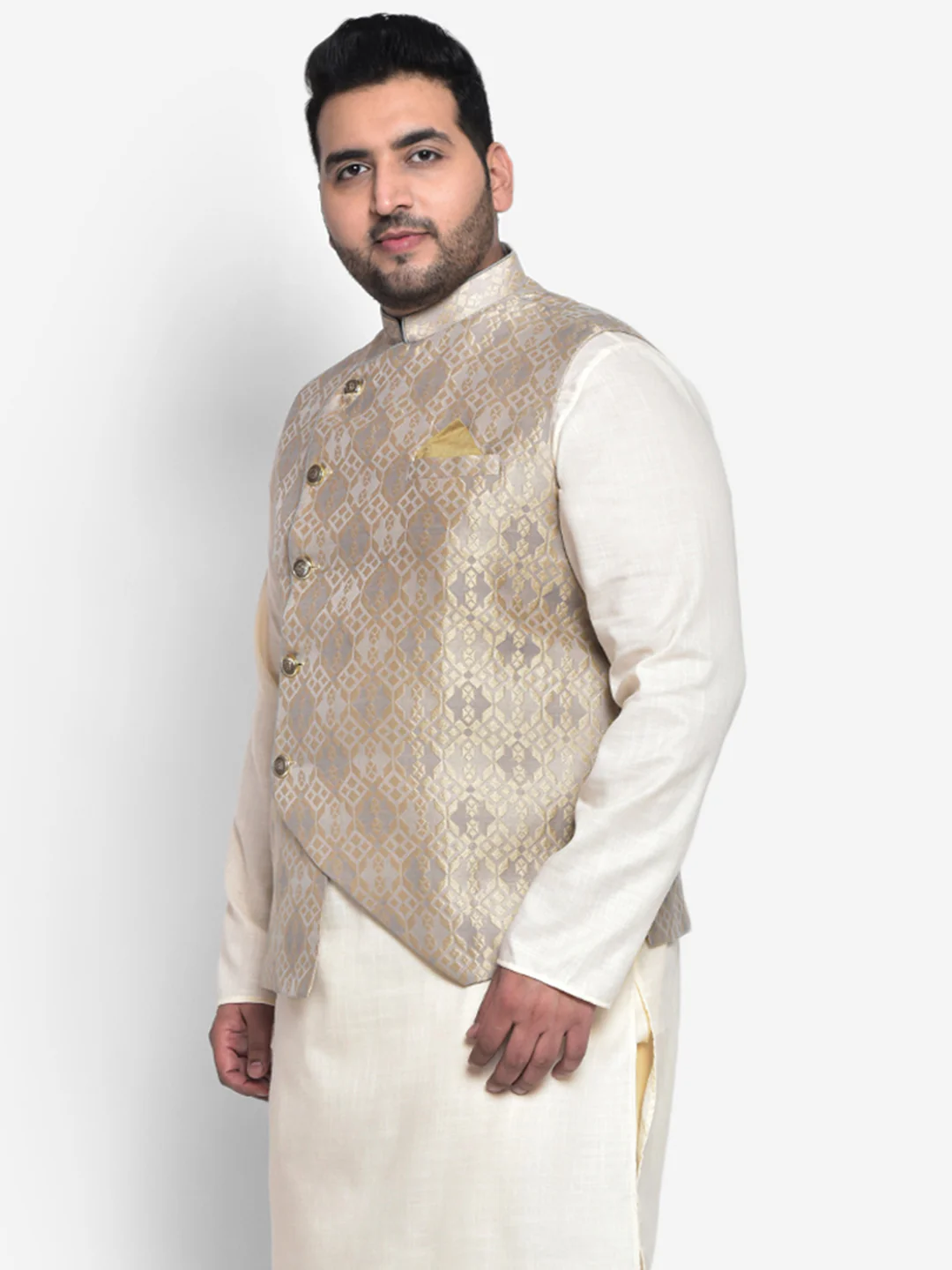 Men Grey Jacquard Nehru Jacket - Image 3