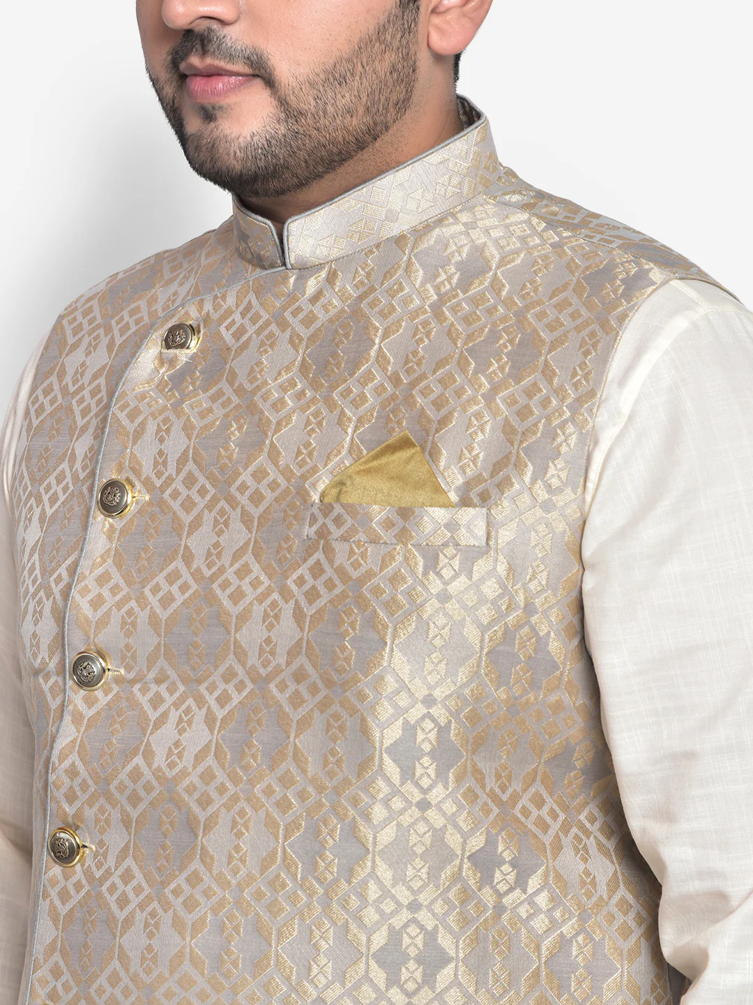Men Grey Jacquard Nehru Jacket - Image 5