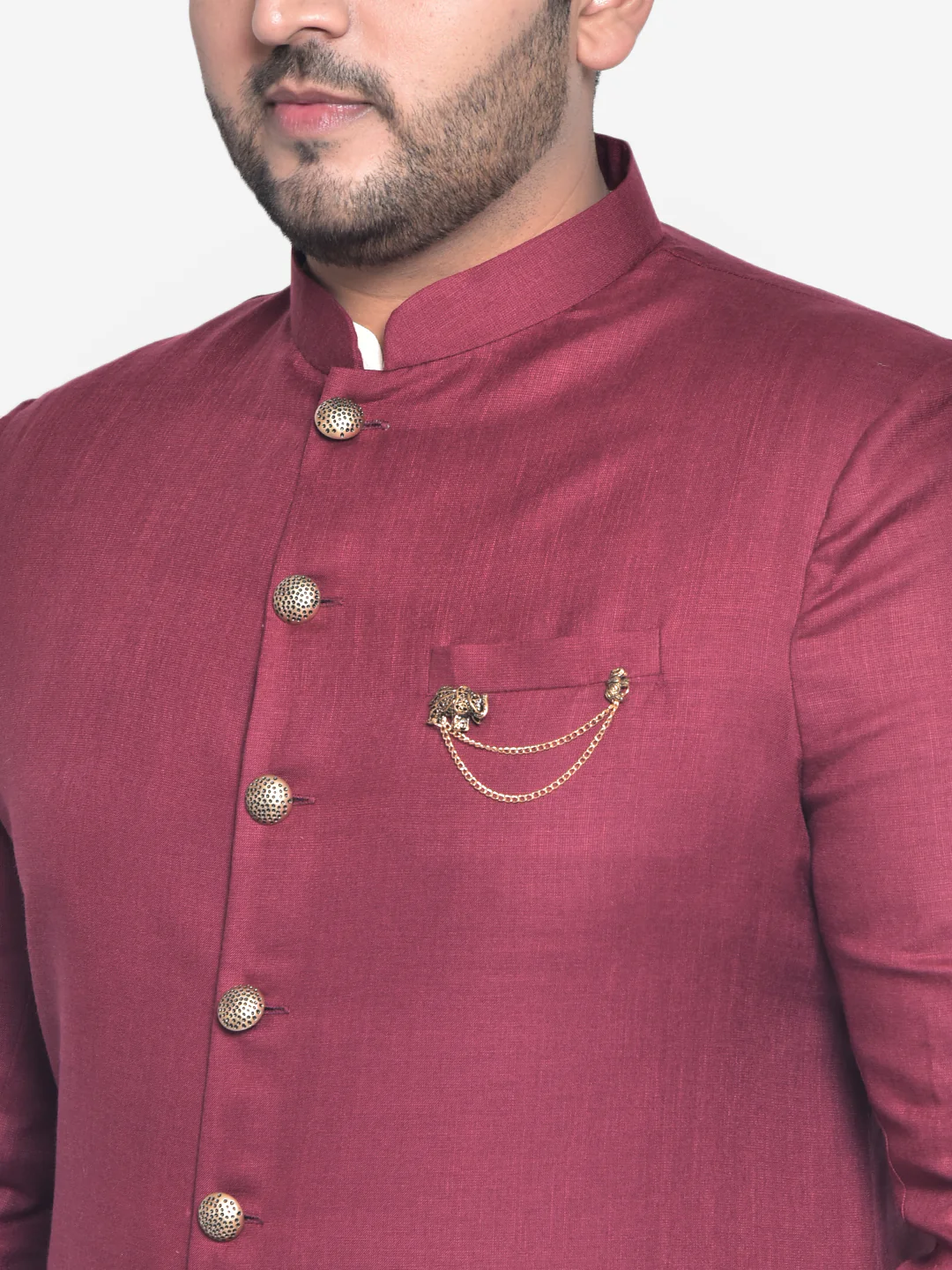Men Maroon Solid Kurta Indowestern Churidar Set - Image 6